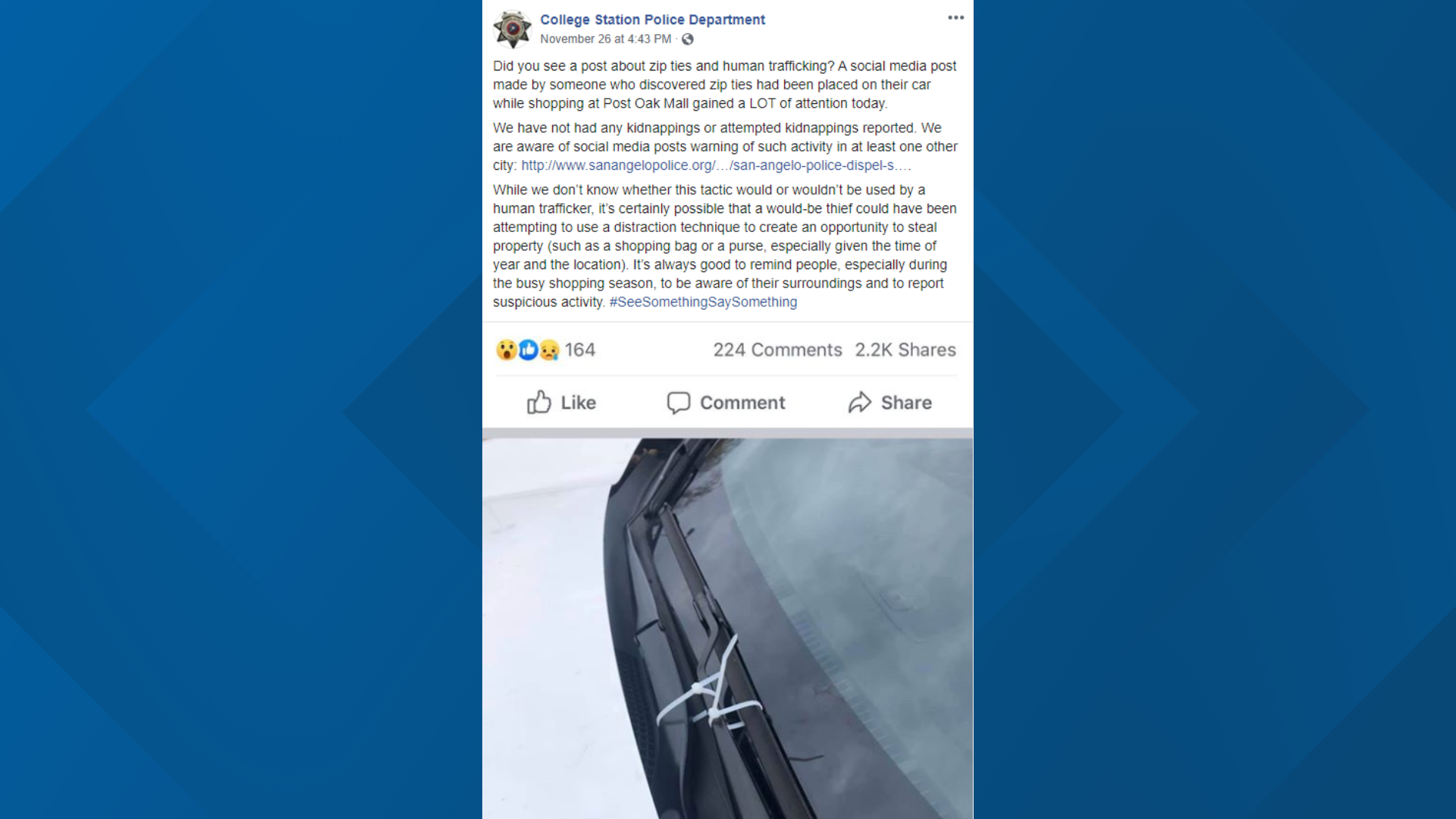 Viral post about zip ties on windshield wipers and connection to human trafficking is false, police confirm.