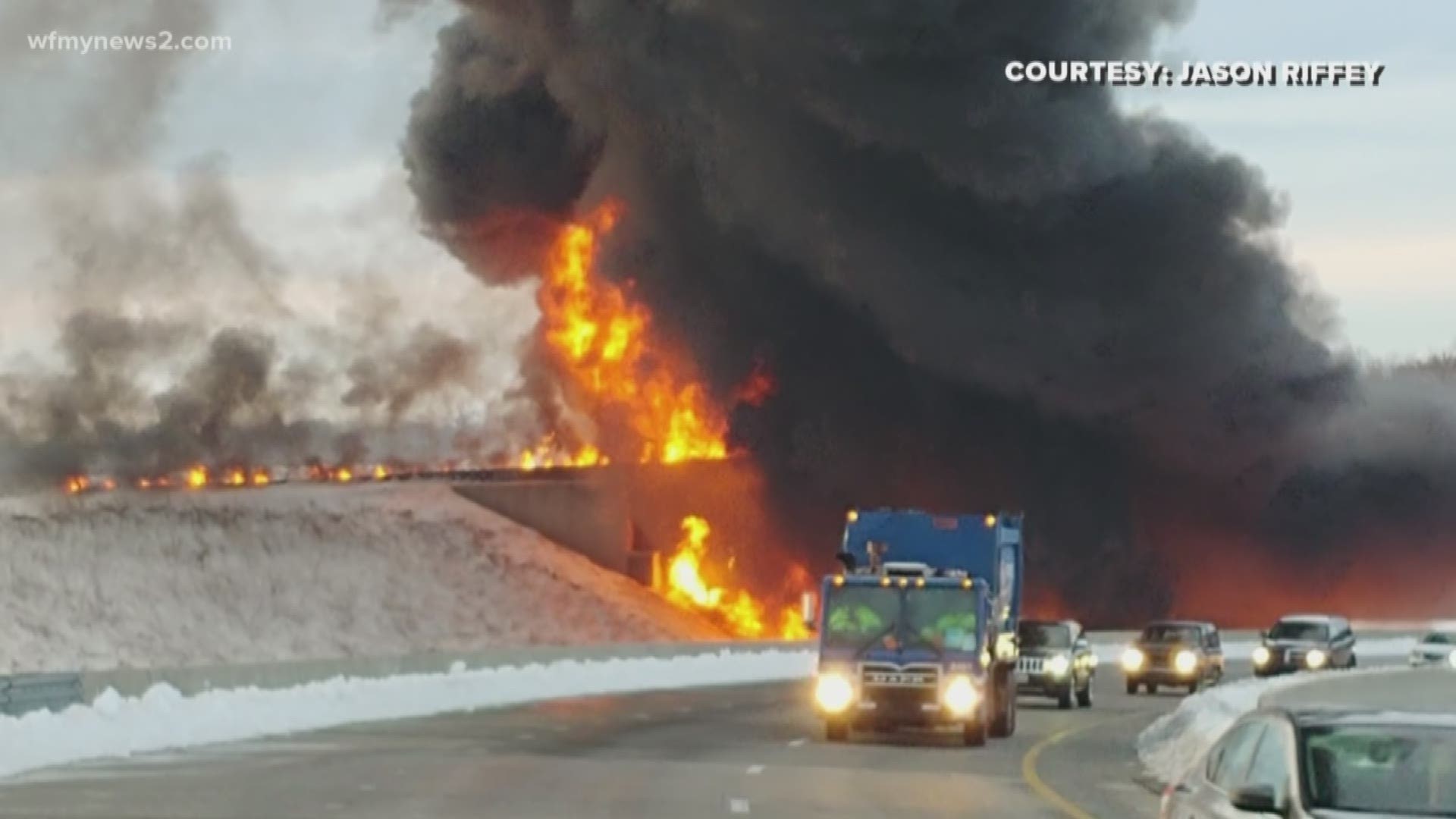 A tanker loaded with gasoline crashed and caught fire after hitting a patch of ice on the I-73 S ramp exiting onto I-85 N in Greensboro.