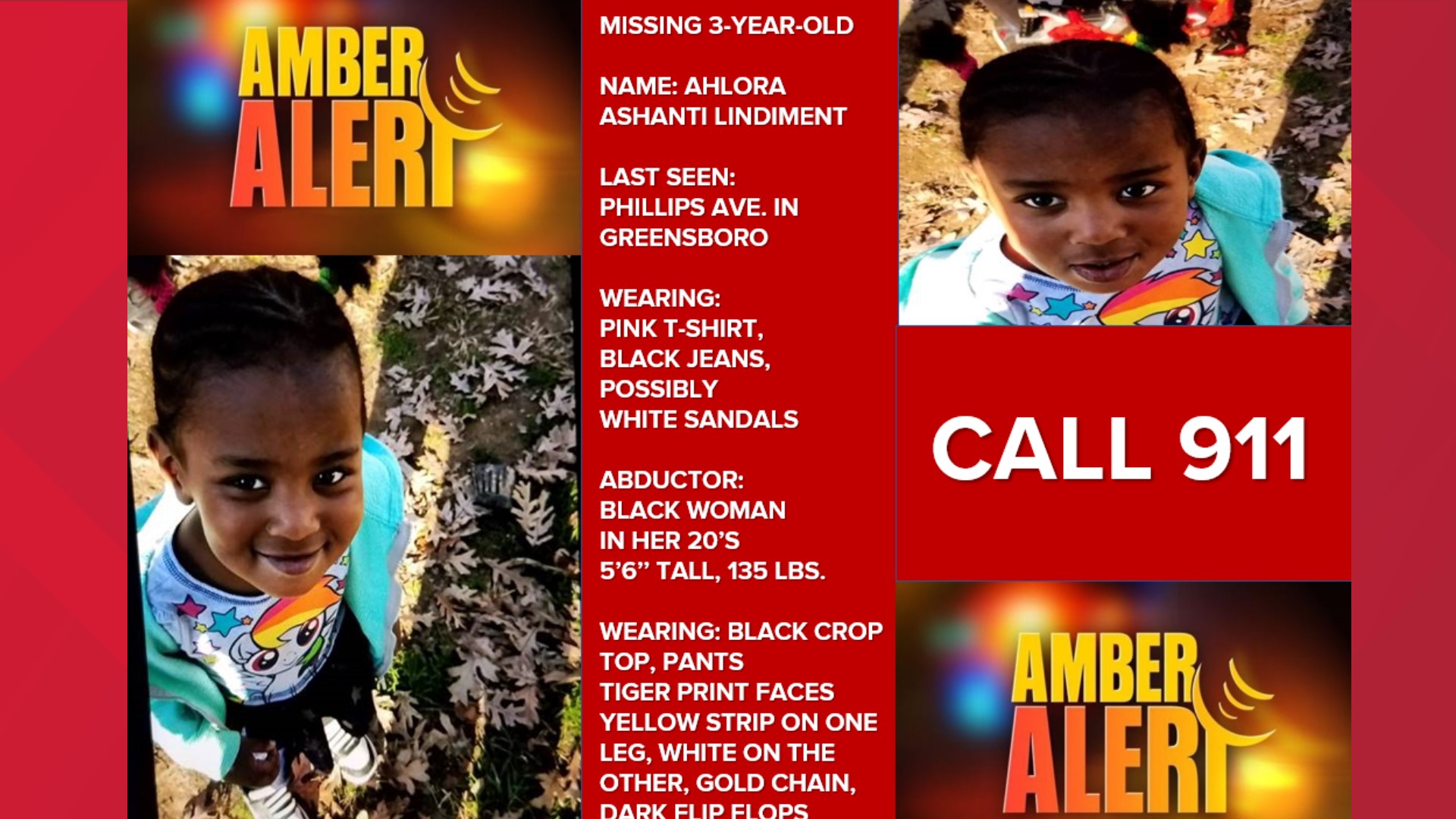 Amber Alert issued after 3-year-old Ahlora Lindiment reportedly abducted from Greensboro in the Philips Avenue area Wednesday night.