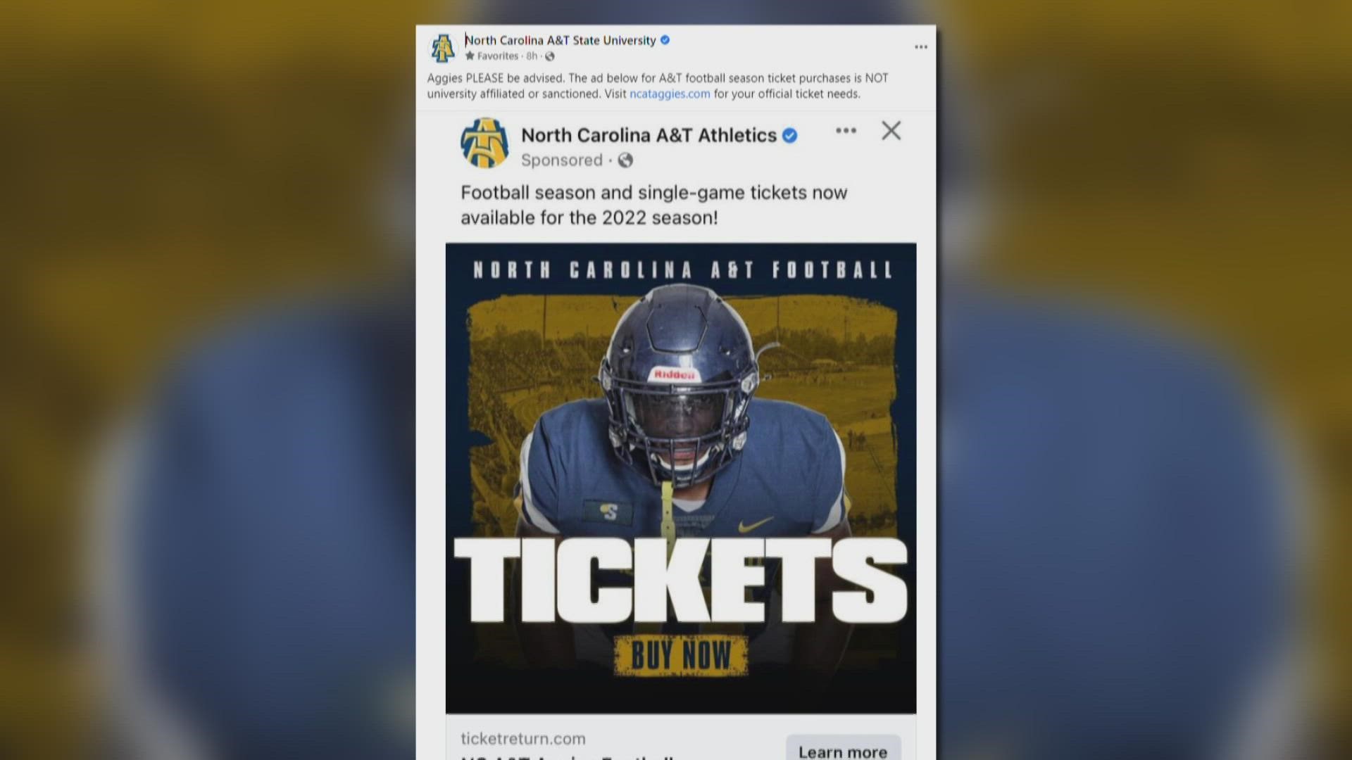 The university said a sponsored post claims to sell football tickets, but it is a fraud.