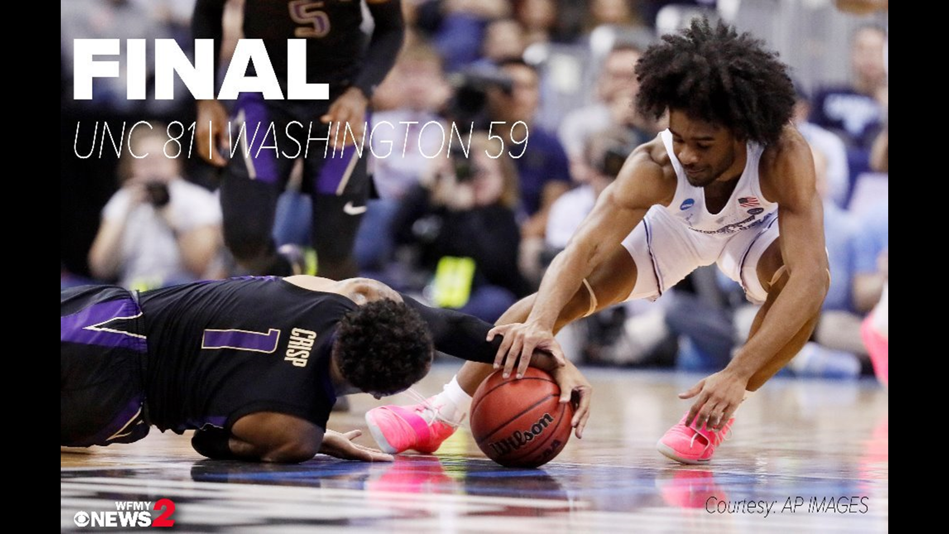 North Carolina forwards Nassir Little and Luke Maye react to the Tar Heels' 81-59 win over Washington in the second round of the 2019 NCAA Tournament.