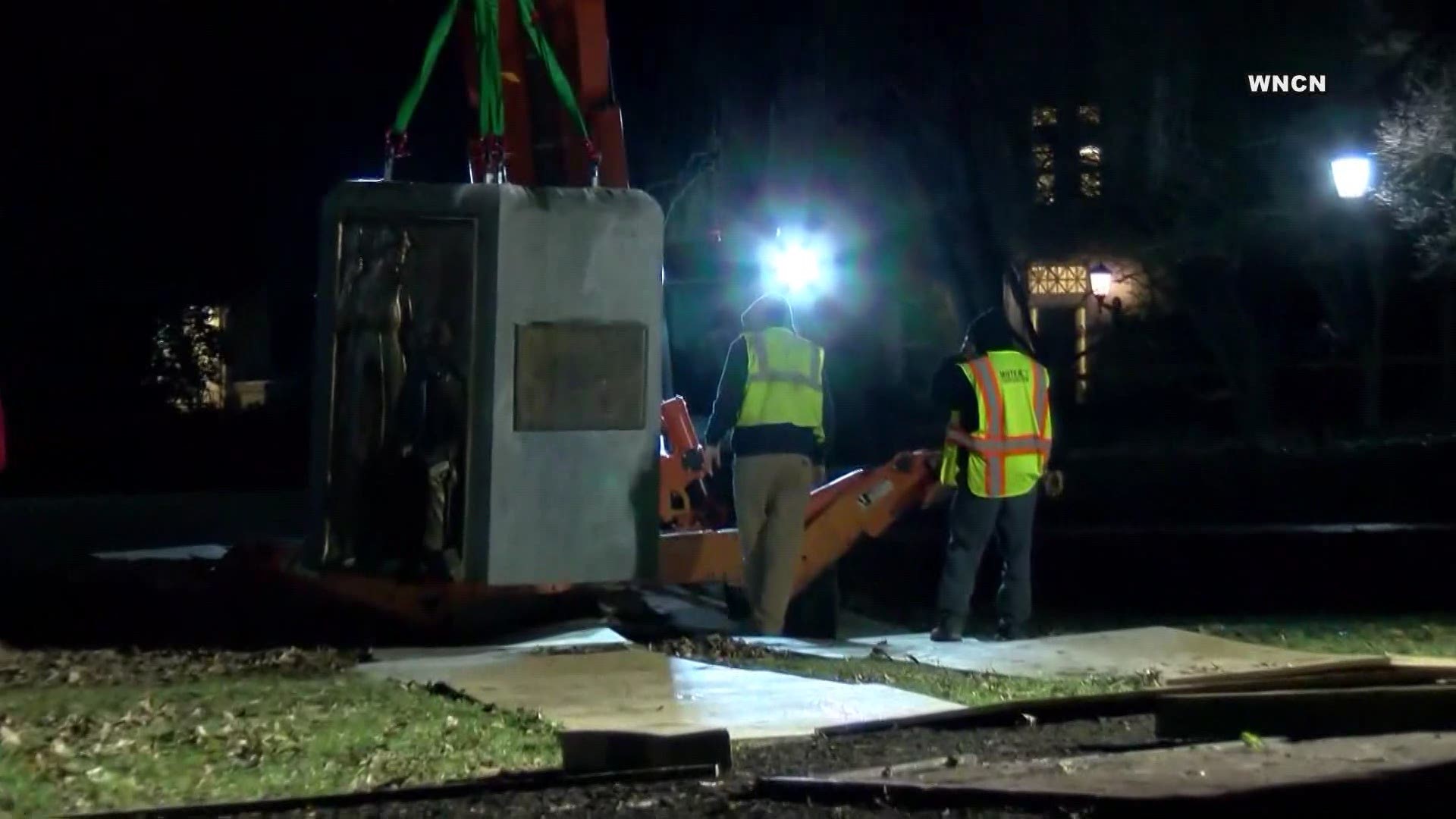 Just hours after UNC Chancellor Carol Folt announced she was stepping down, work crews set up around Silent Sam's former location on campus.