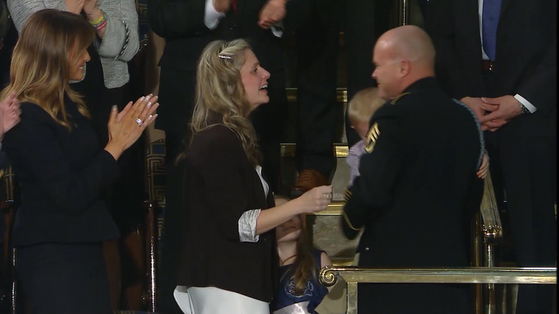 President Trump thanked a military wife, Amy Williams, for her sacrifice. Her husband, Sgt. 1st Class Townsend Williams, has been deployed for several months.