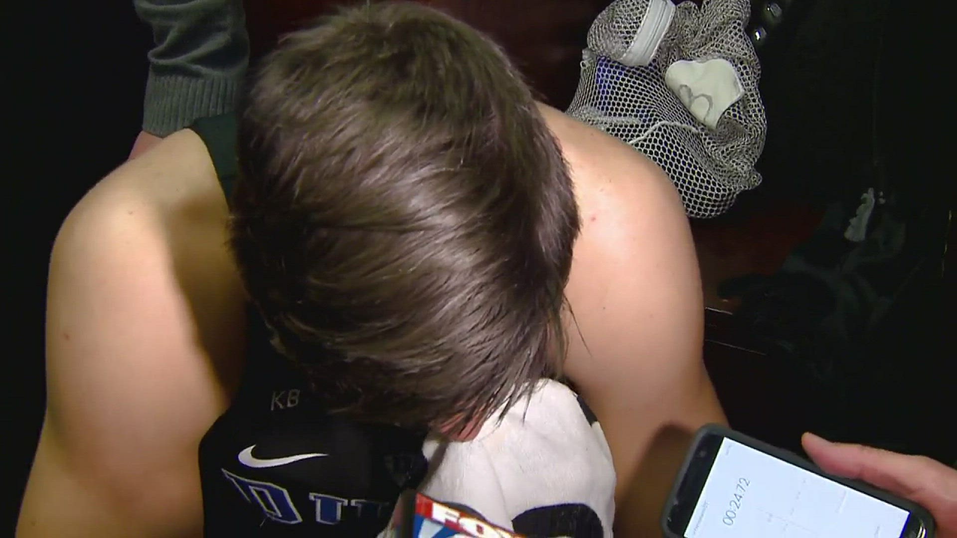 Postgame Interview with Duke's Grayson Allen who tears up during his apology for tripping an Elon University player. Allen drew a technical foul after the incident.