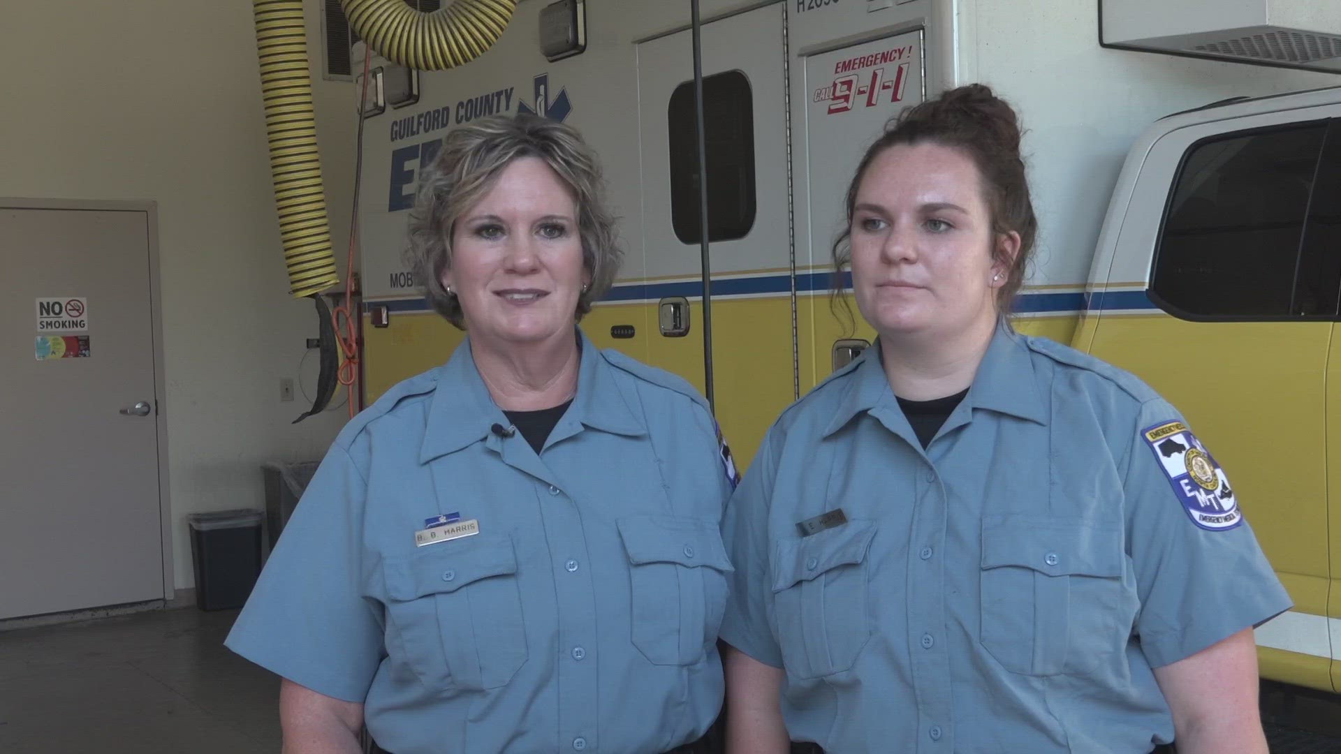 Beth and Lindsey Harris each work for the county EMS department. Both say they value getting a chance to do good together.