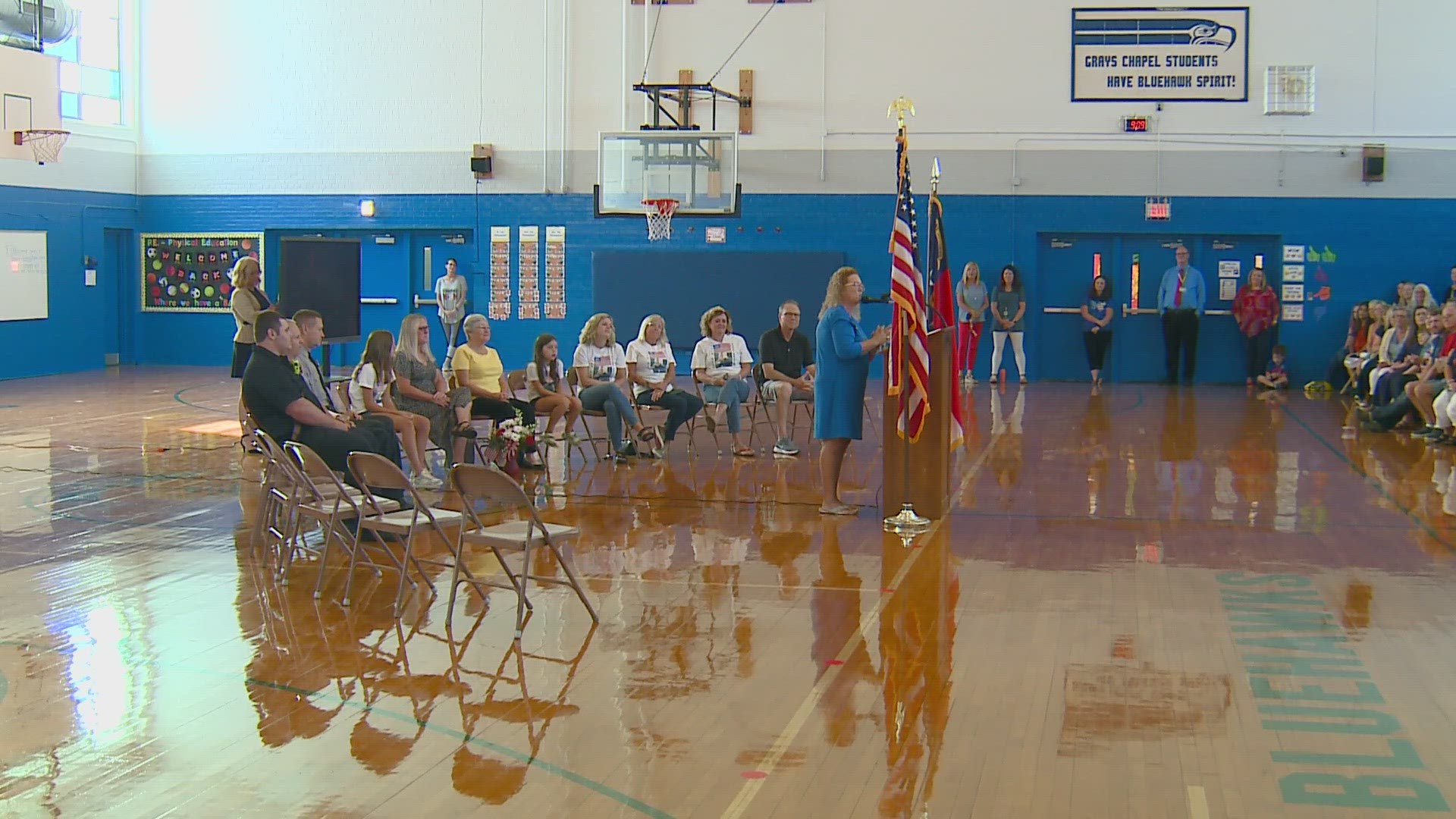 Students and staff at Eastern Randolph High School and Grays Chapel Elementary gathered to honor their alumna, Sandy Bradshaw.