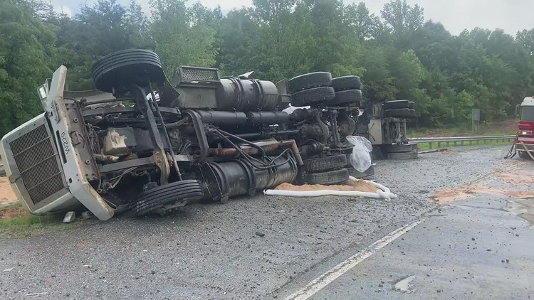 Overturned tractor trailer in Winston-Salem causes roads to close due to gas spill