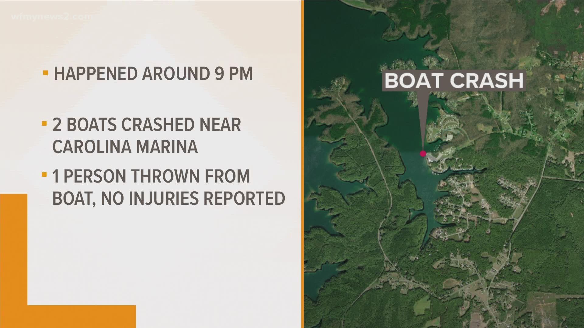 Emergency crews said two boats carrying eight people crashed Sunday night, sending one person overboard. No one was injured.