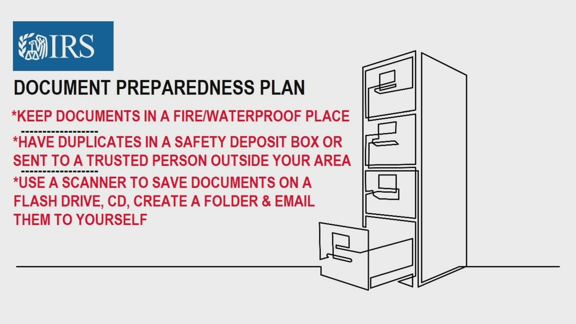 A preparedness plan includes keeping documents in a waterproof place or even better, having duplicates kept in a safety deposit box.