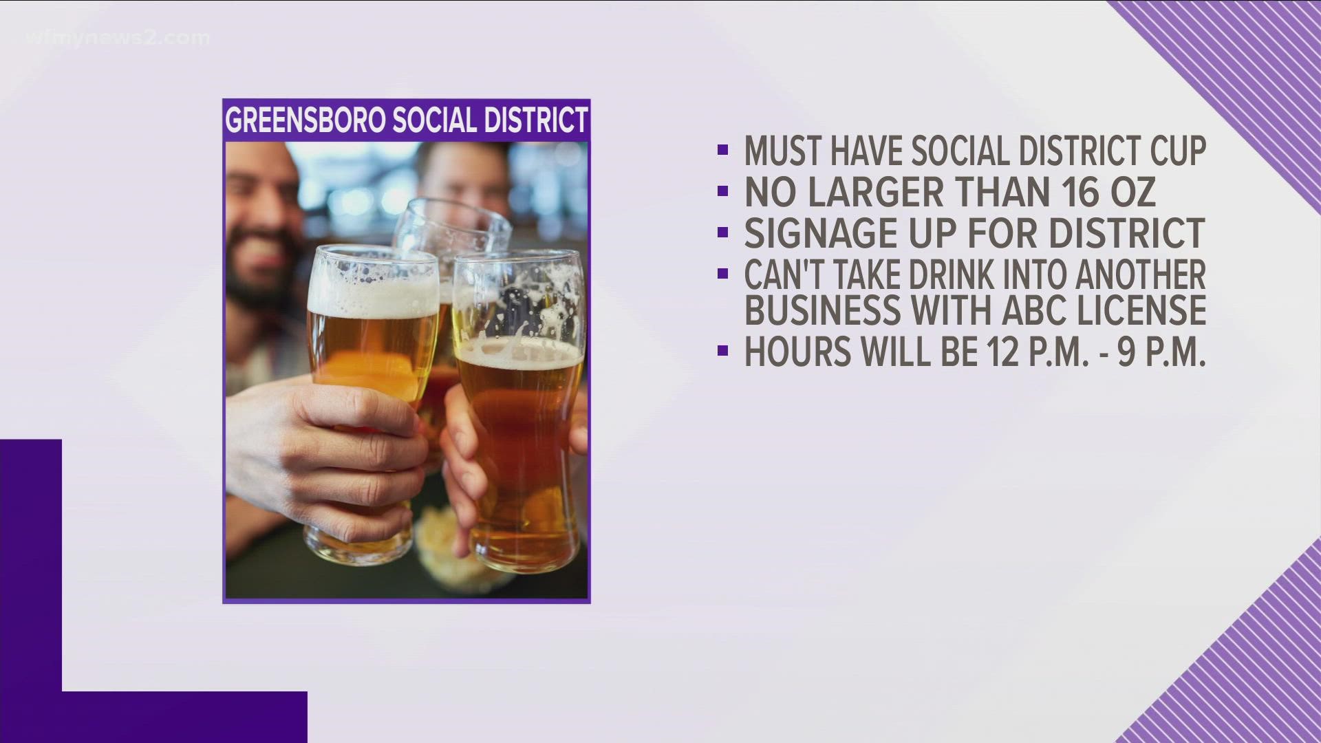 Downtown Greensboro will get a new social district, allowing patrons to take their alcoholic beverages on the go.