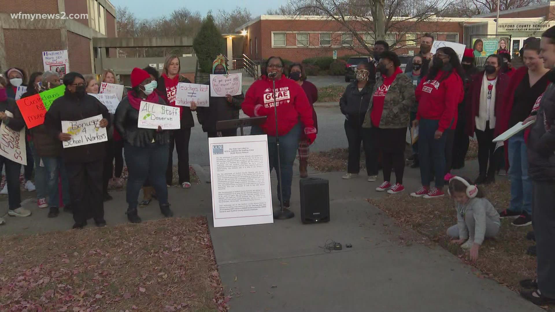 The Guilford County Association of Educators said teachers need more money. State lawmakers recently included $2,800 in teacher bonuses in the state budget.
