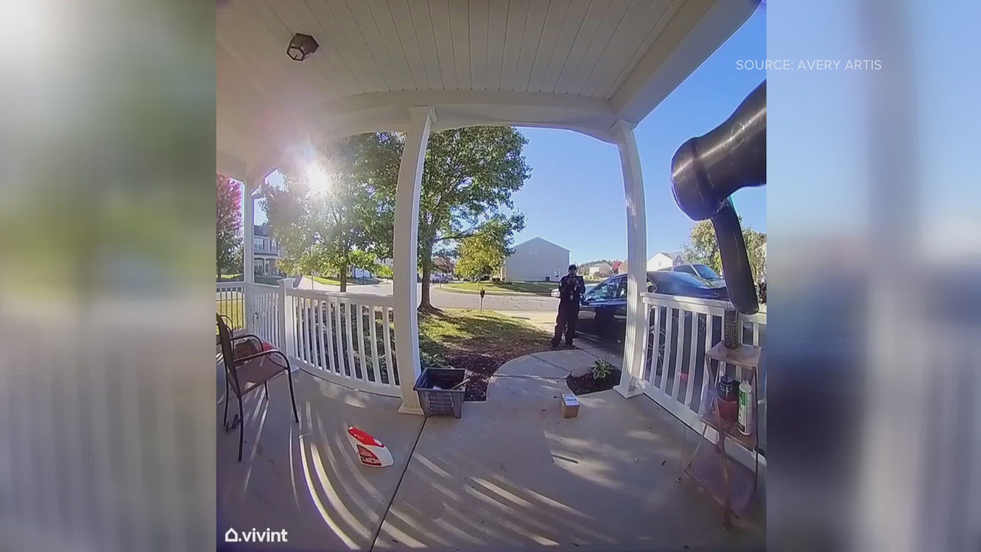 Security camera catches porch pirate stealing package moments after it's delivered.