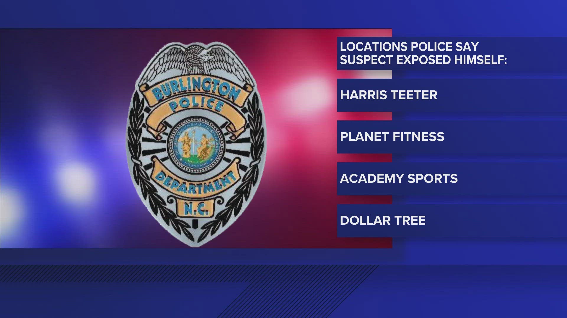 Police say he was at Harris Teeter, Academy Sports, Planet Fitness and Dollar Tree.