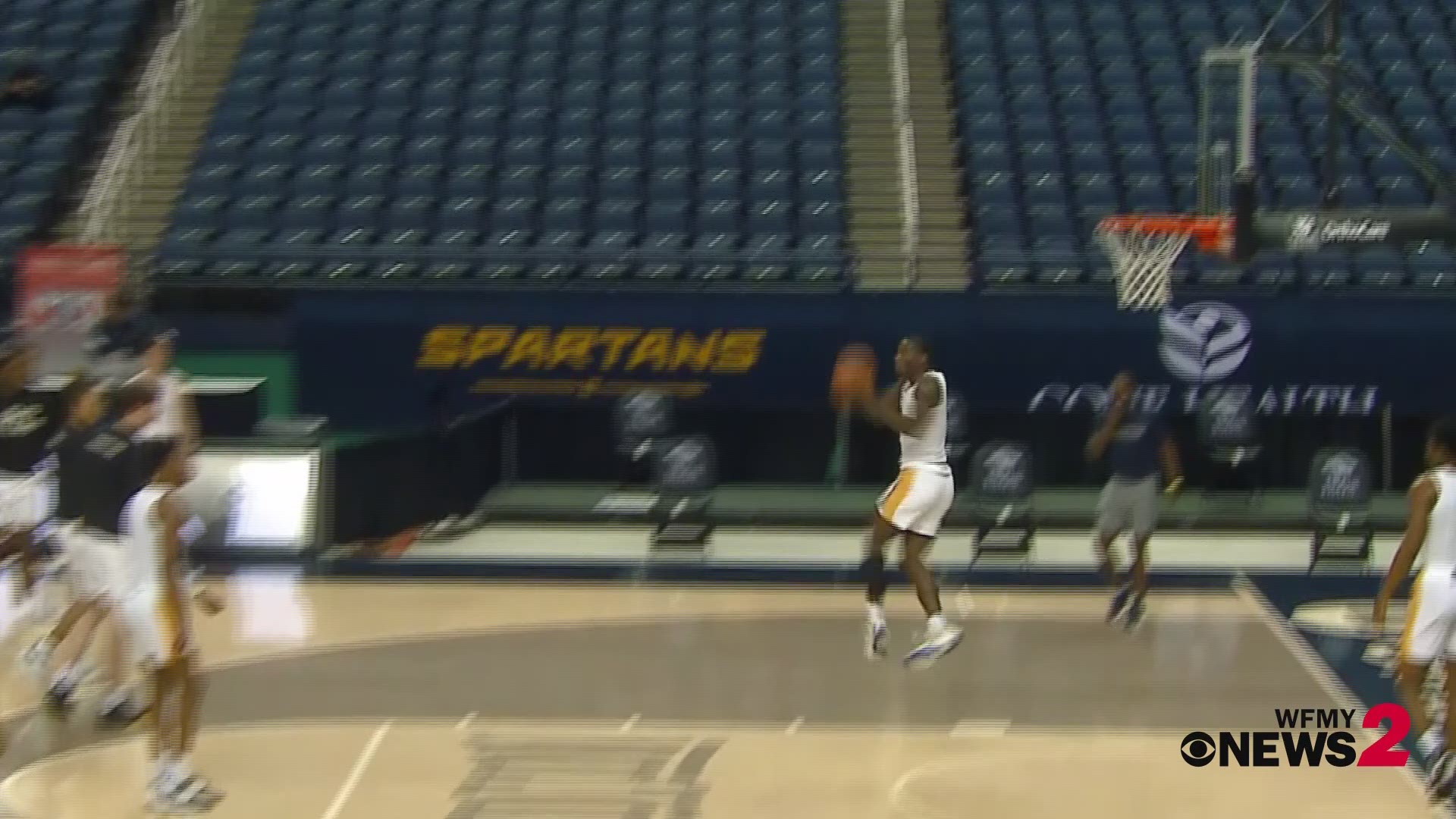 UNCG senior guard Isaiah Miller warms up for games by putting on a dunk show.