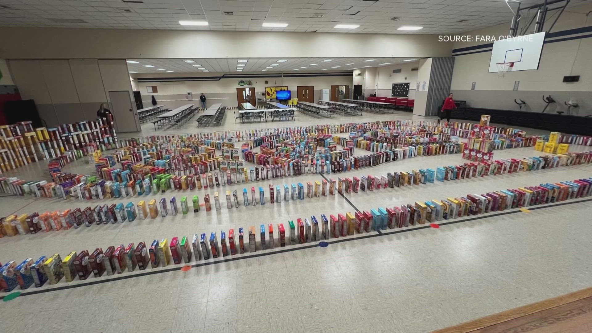 The Clemmons Elementary video of a massive domino chain of cereal boxes has millions of views.