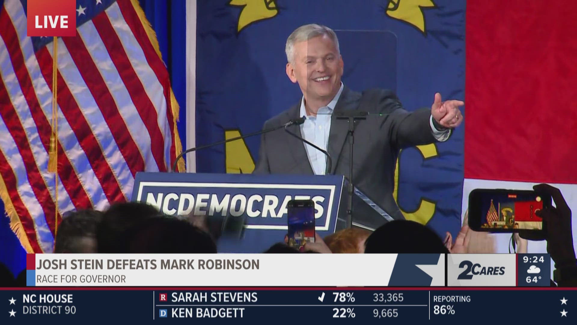 Josh Stein takes the stage after winning the NC Governor race. 