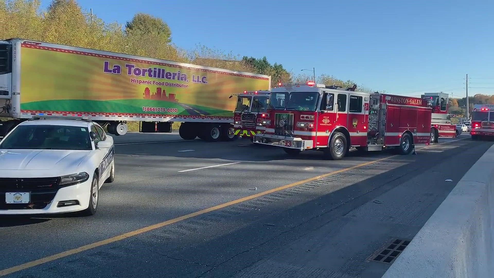 Part of Highway 52 northbound closed Friday due to a crash at Rams Drive. Video source: Winston-Salem Fire Dept.