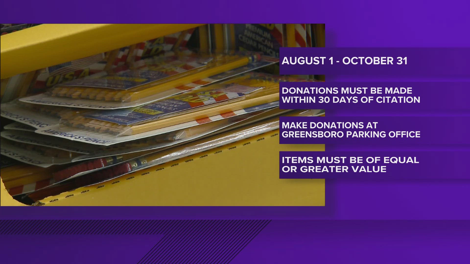The city suggests that donations to be made within 30 days of the infraction.