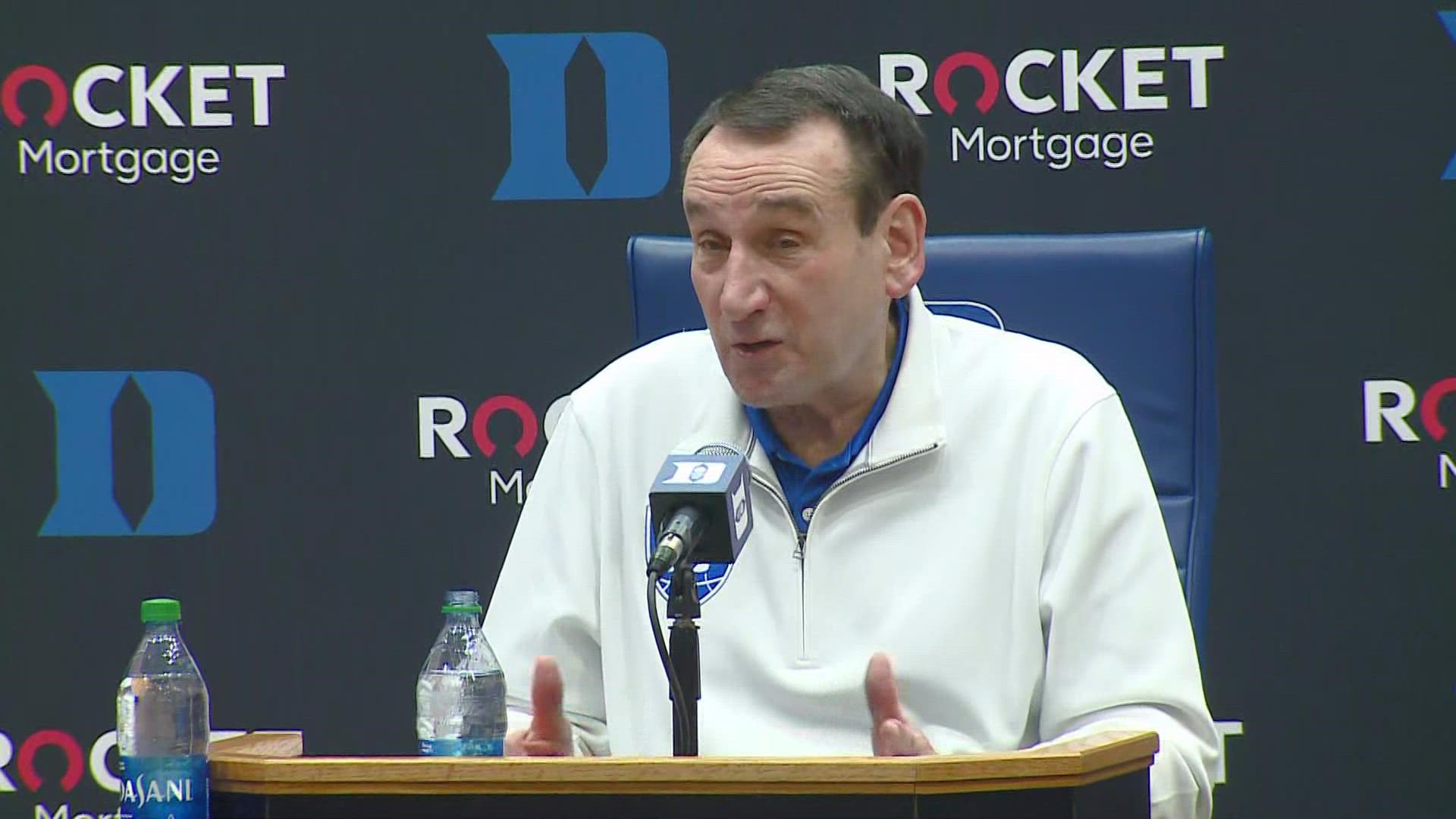 Duke Men’s Basketball Head Coach Mike Krzyzewski speaks after final home game of his career