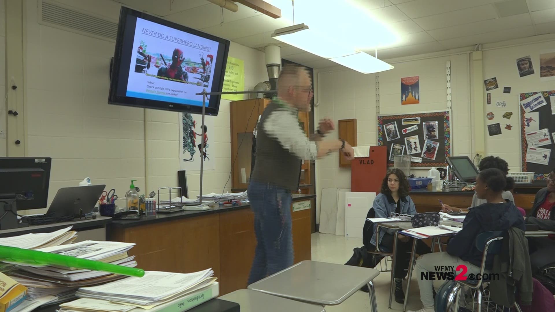 Without any context, walking into Matt Brady's classroom might make you think his lessons are only about superheroes, but when you look a little closer you realize he's a science teacher.