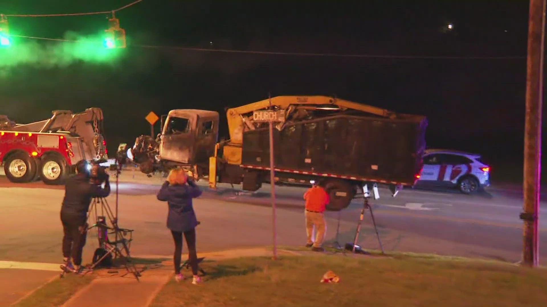 A dump truck crashed in Eden, killing four linemen and injuring four others, including the driver.