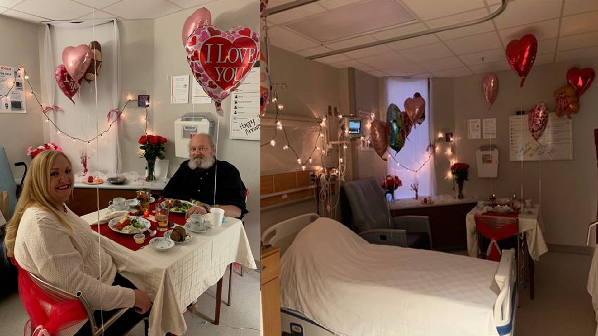 Cardiology nurses at Wake Forest Baptist Medical Center surprised patient, Joseph Miller and his wife Becky with a Valentine’s Day dinner. The couple is have to celebrate their 35th wedding anniversary at the hospital.