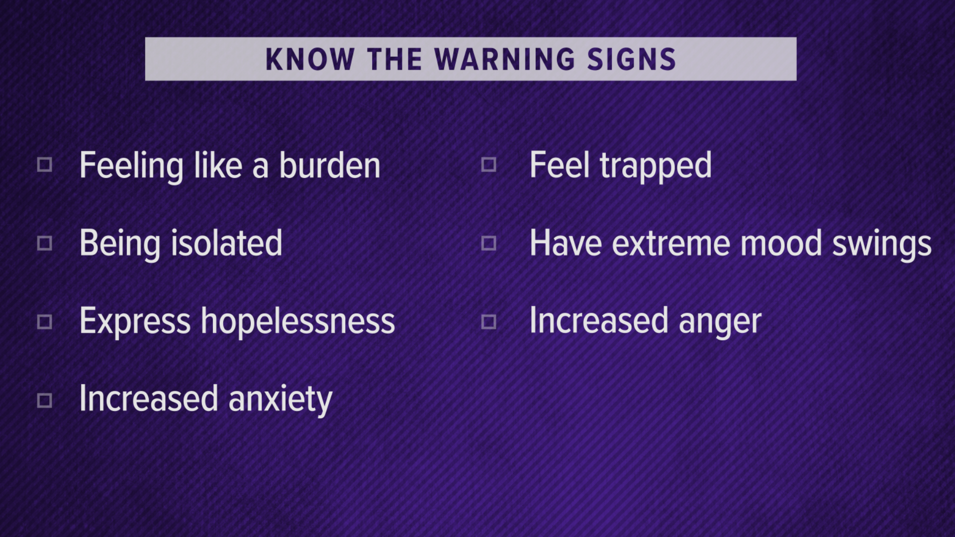 Knowing the warning signs and how to help someone who may be depressed and considering suicide.