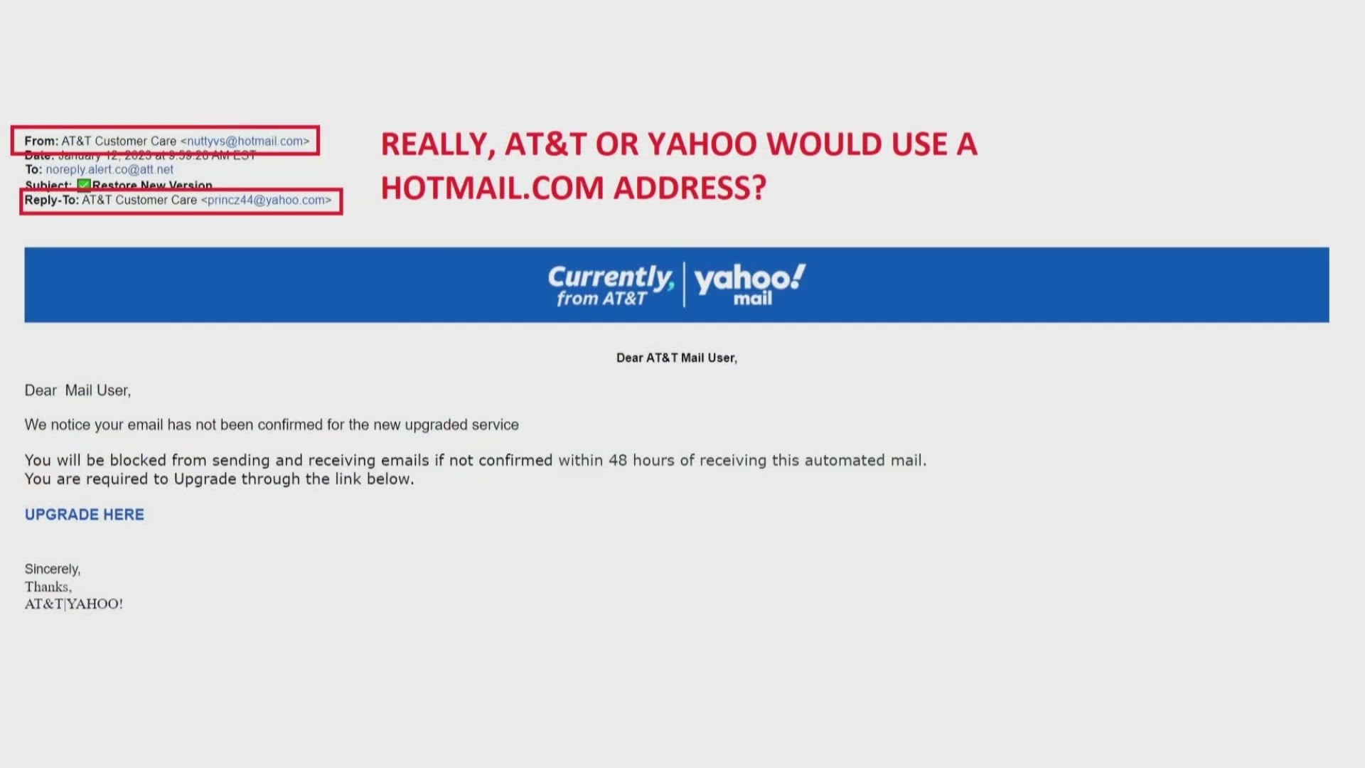 AT T And Yahoo Email To Customer Isn t Real Wfmynews2