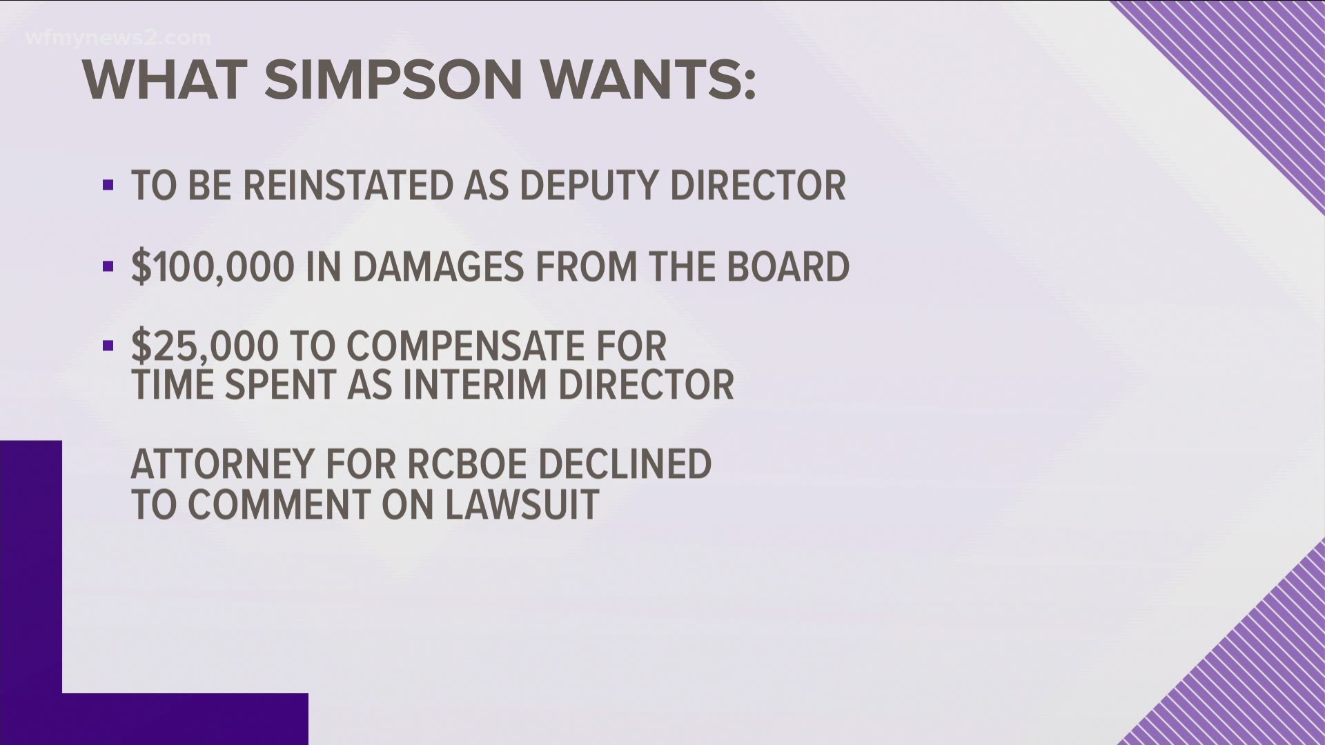 Board members voted to fire Amy Simpson in September. In the lawsuit, Simpson says she wants her job back, and at least $125,000 from the board.