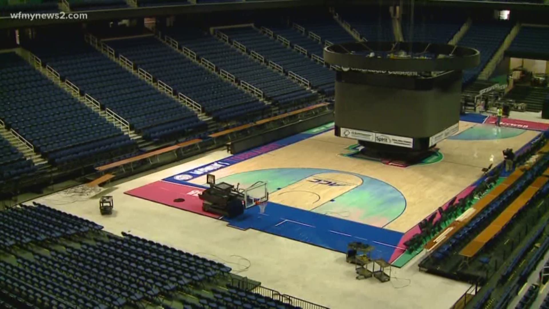 Crews installed the custom floor today as Greensboro hosts its 19th ACC Women's Tourney.