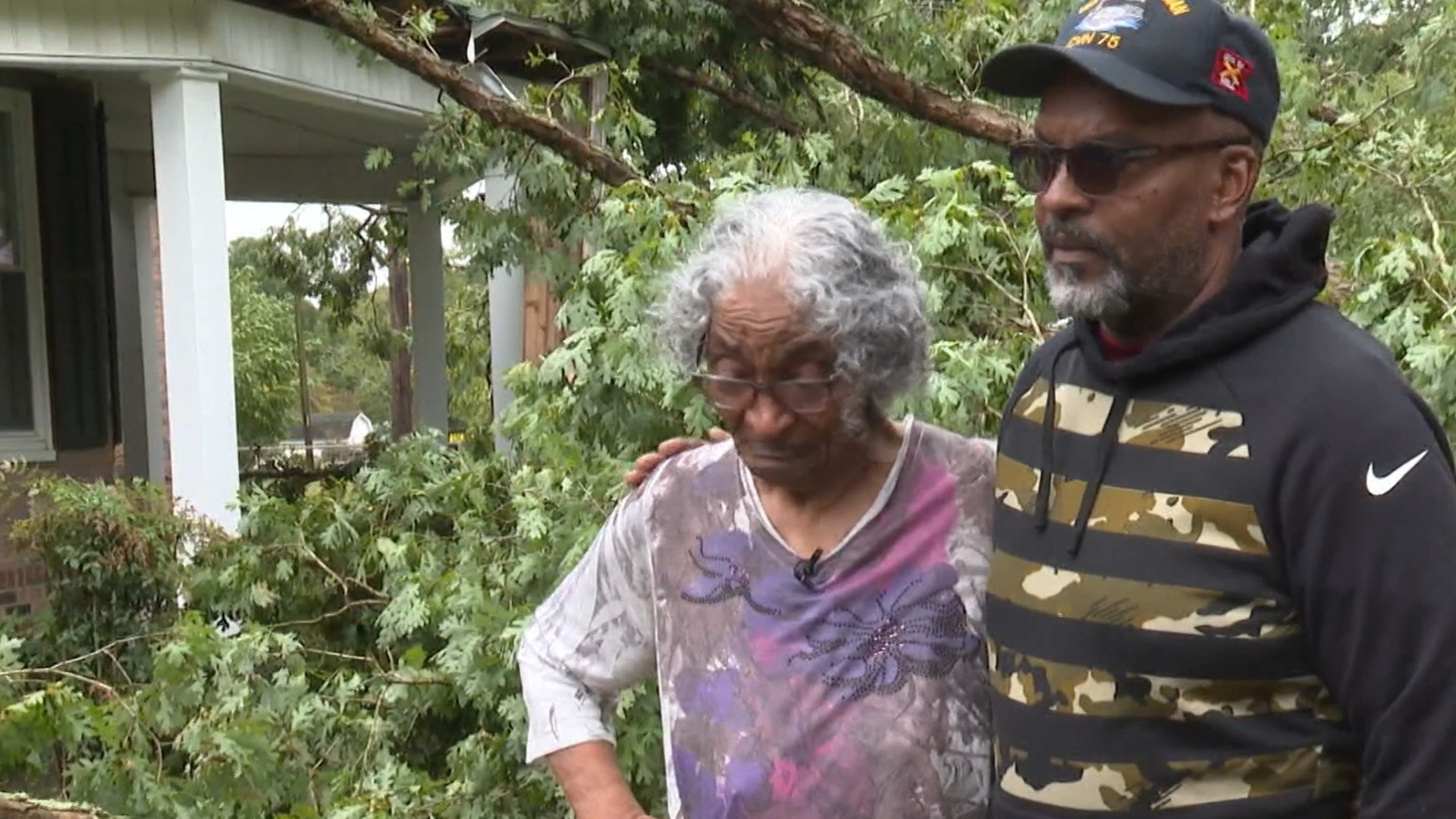86-year-old Daisy Thompson was not home when the tree came down on her home.