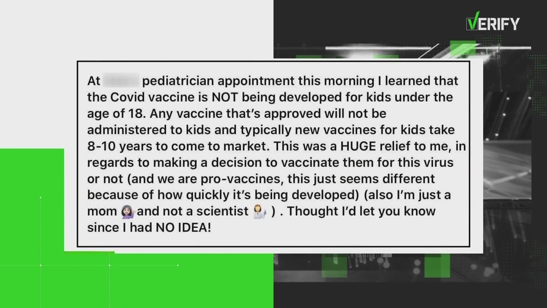 A viral post says that despite the progress made on a coronavirus vaccine, children will have to wait much longer.