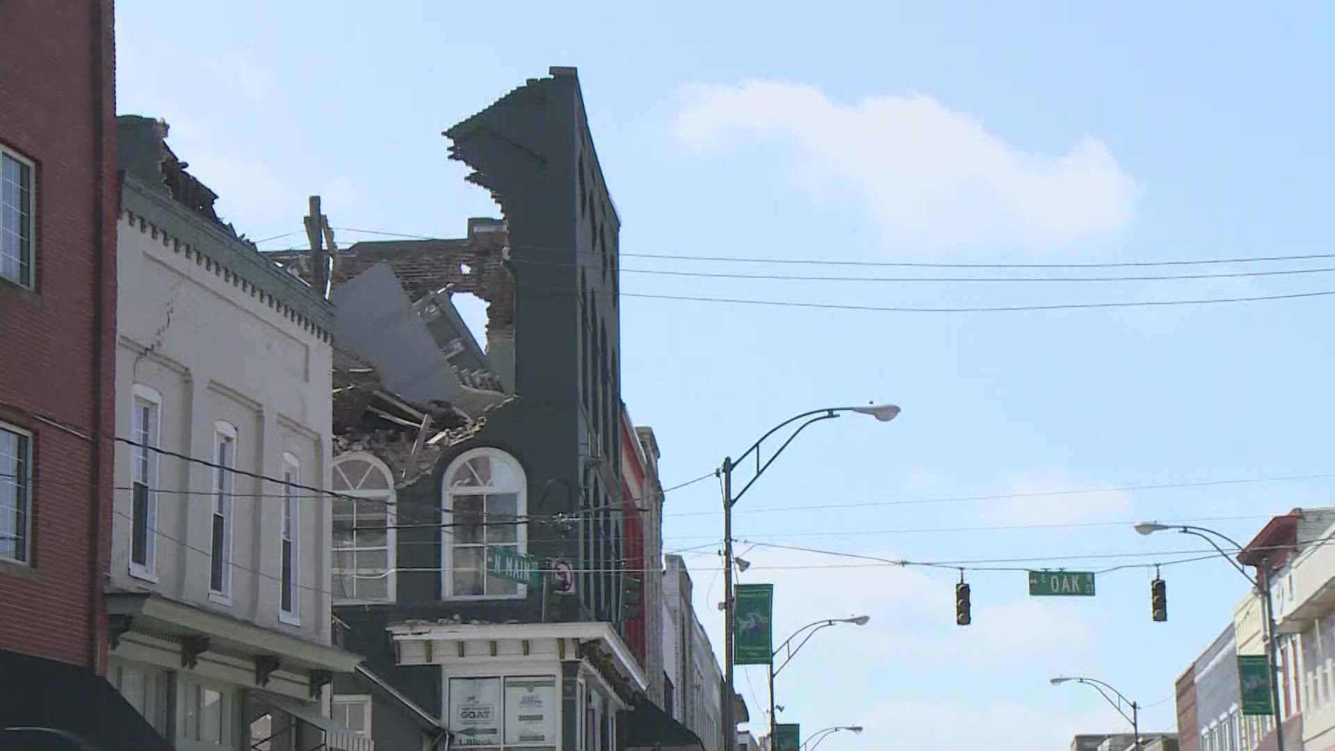 Officials are asking people to avoid parts of downtown Mount Airy after a partial collapse.