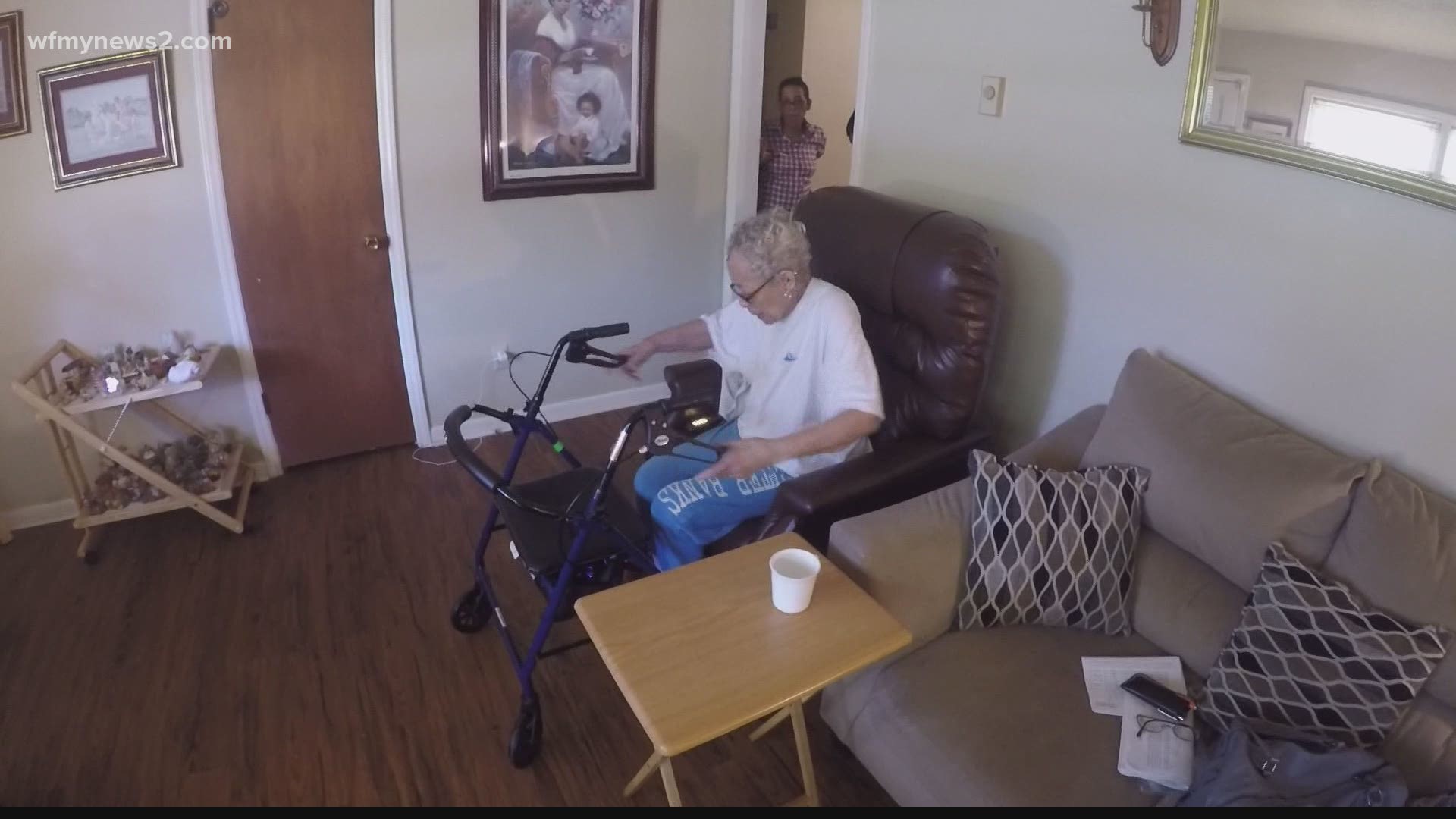 89-year-old Dorothy Godfrey has dementia and arthritis in both knees. Her remote-controlled chair helped her get around until it broke.