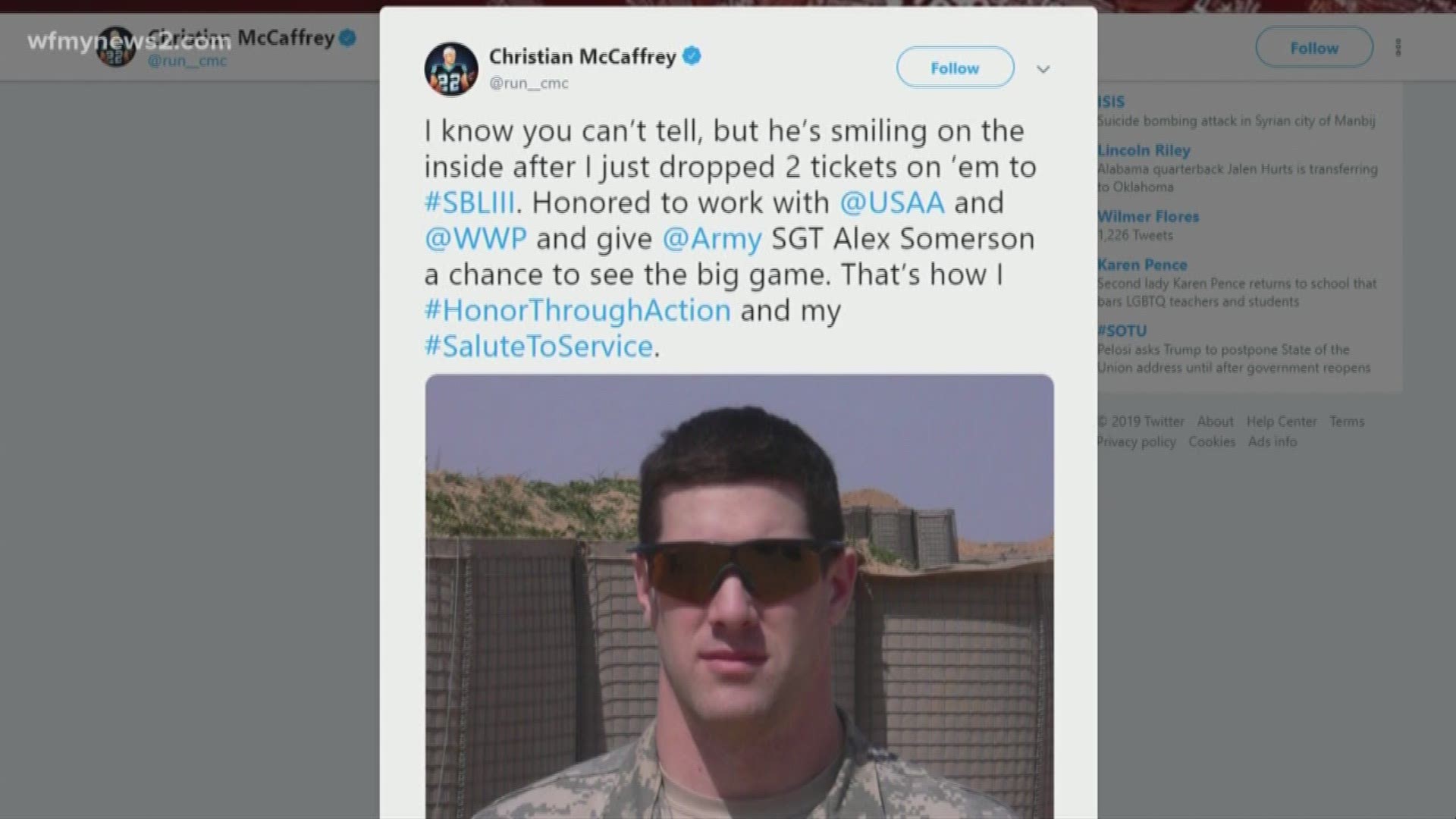 McCaffrey might not play in the super bowl this year, but thanks to him, two lucky veterans will get to watch the game in person.