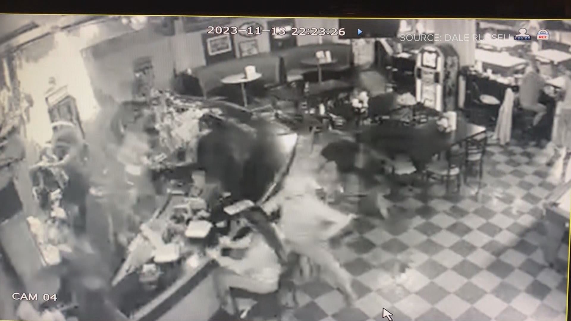 Surveillance footage from Red Zone Sports Bar and Grill of an SUV crashing into the building