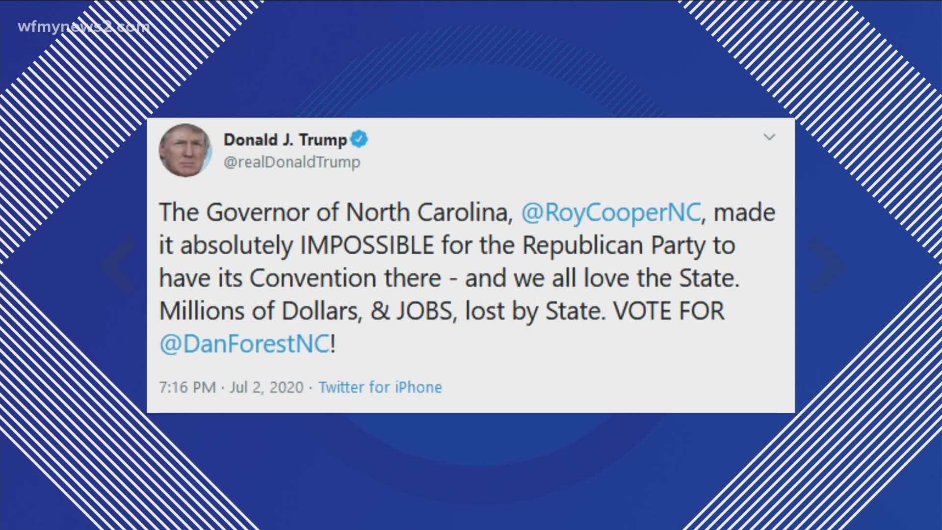 The RNC moved to Jacksonville, Florida, and President Trump supported the move due to Governor Cooper’s COVID-19 restrictions.