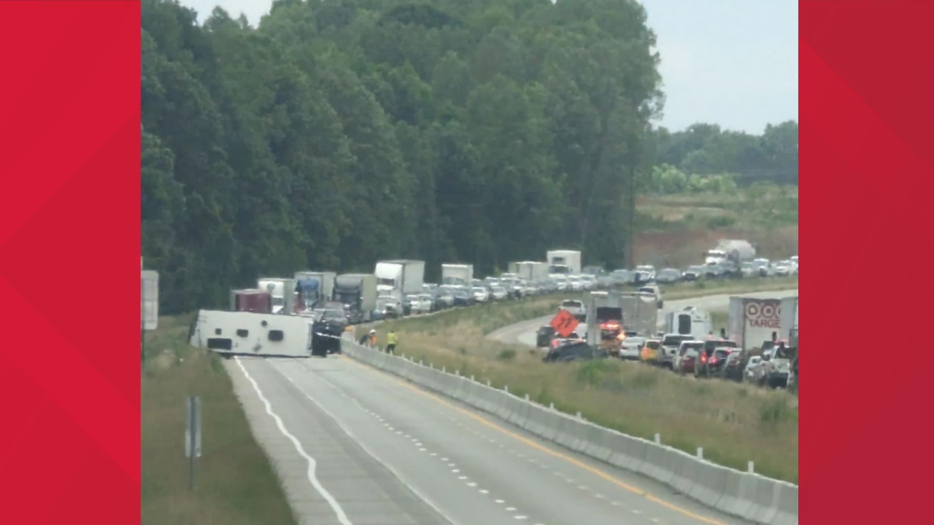 An overturned RV caused heavy traffic on I-40 near Union Cross Road in Kernersville.