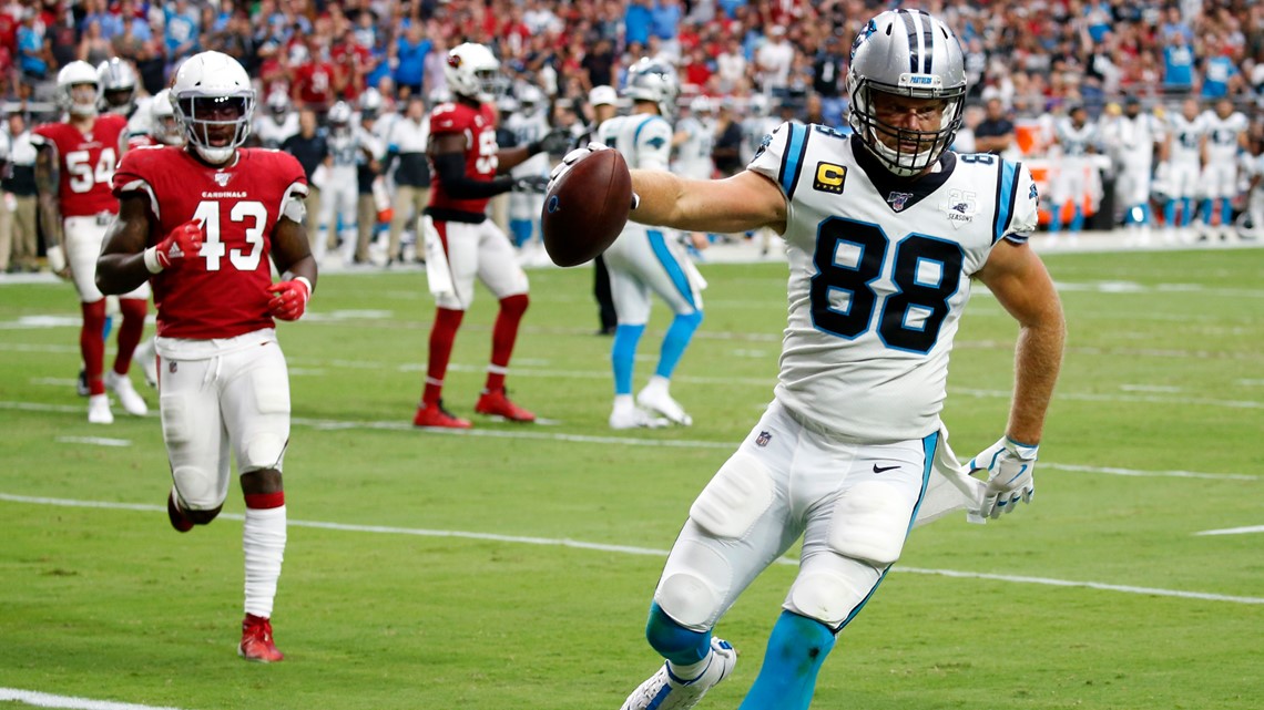 FILE – Carolina Panthers tight end Greg Olsen (88) watches during an NFL  football game against …