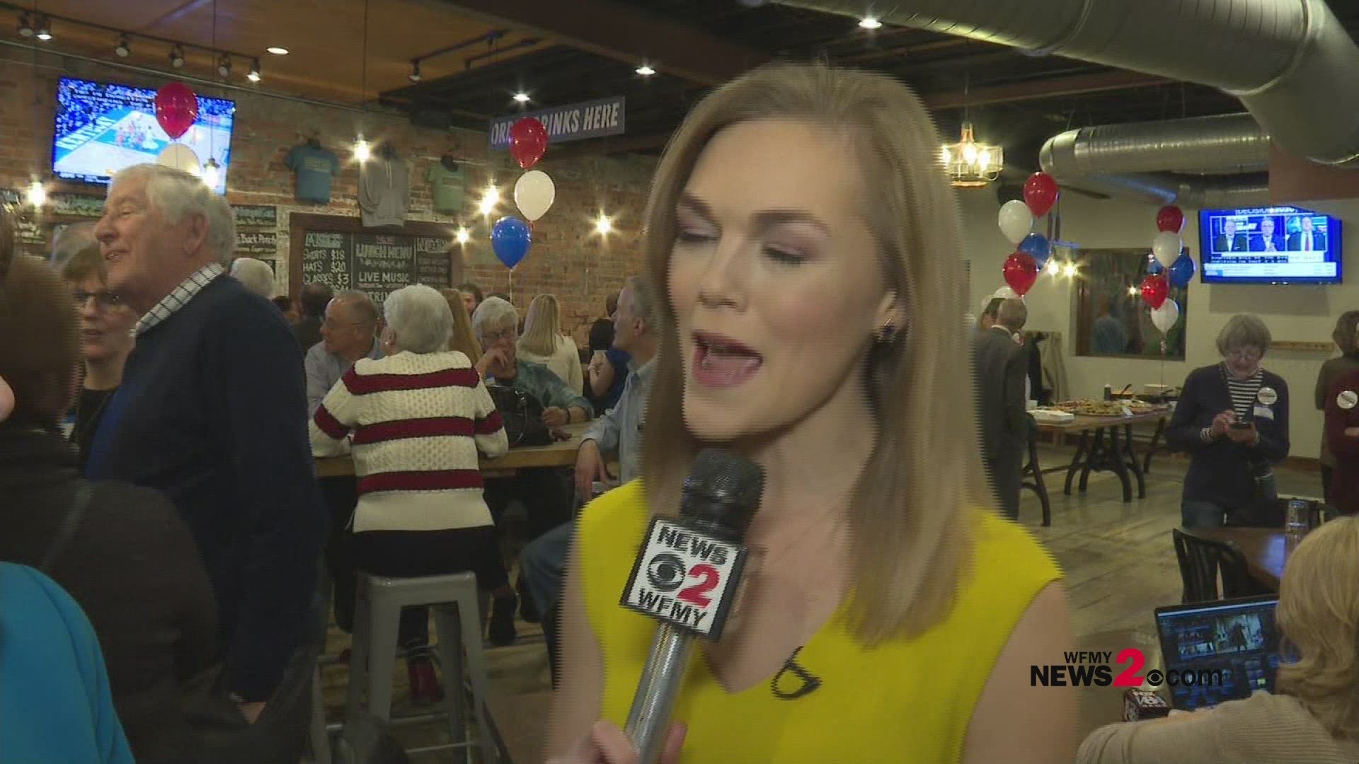 Kathy Manning speaks to WFMY's Maddie Gardner while at her watch party in downtown Greensboro.