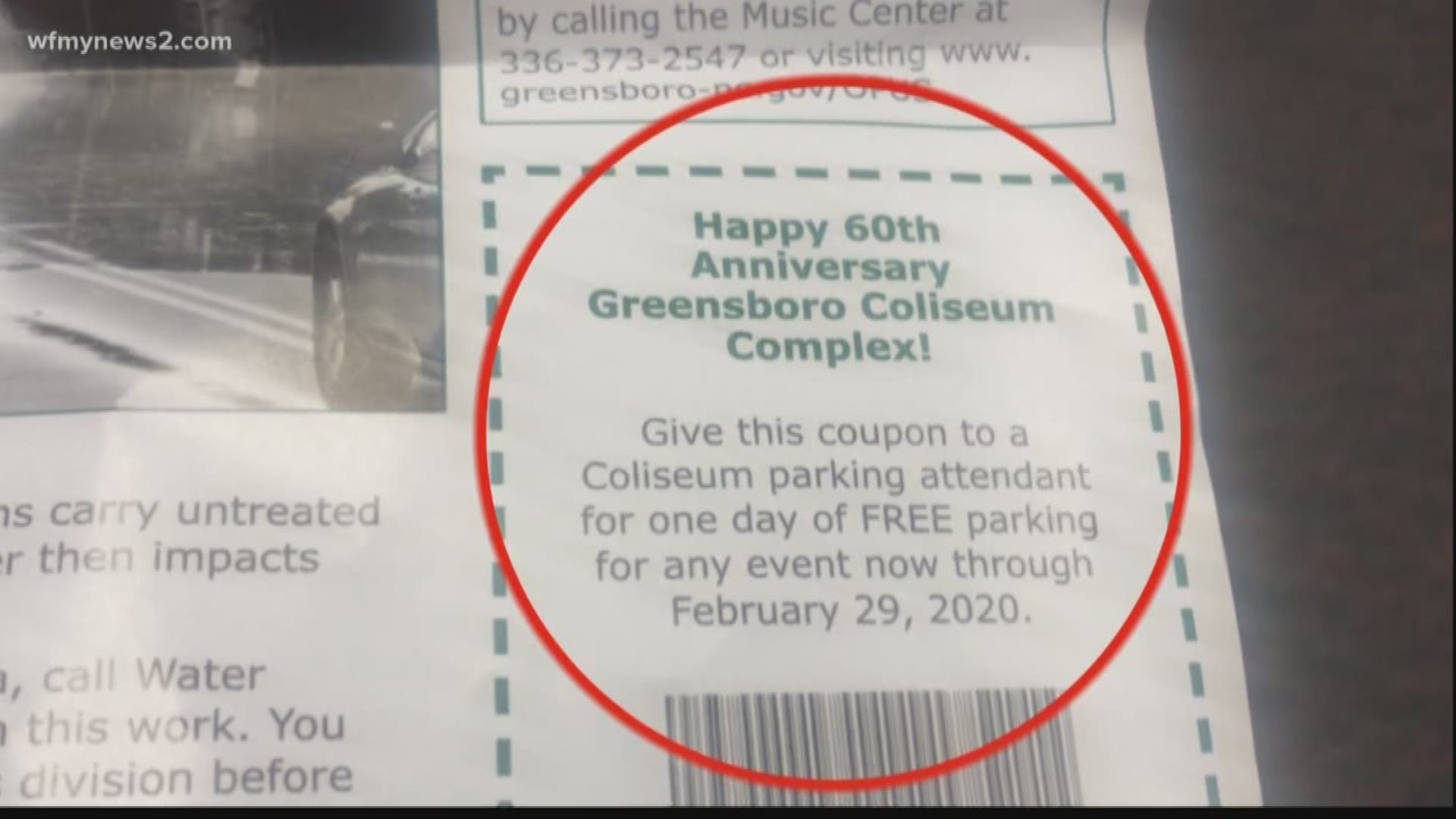 There’s a coupon for free parking at the Greensboro Coliseum inside your city water bill. It’s hidden in the extra stuff that comes in the envelope.