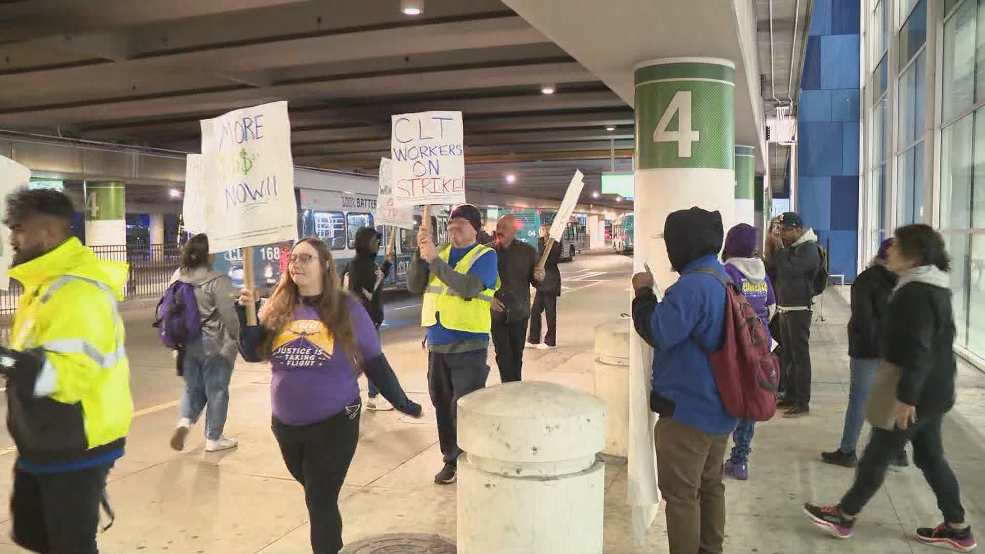 Workers at Charlotte-Douglas Airport are on strike as the busiest travel season ramps up.