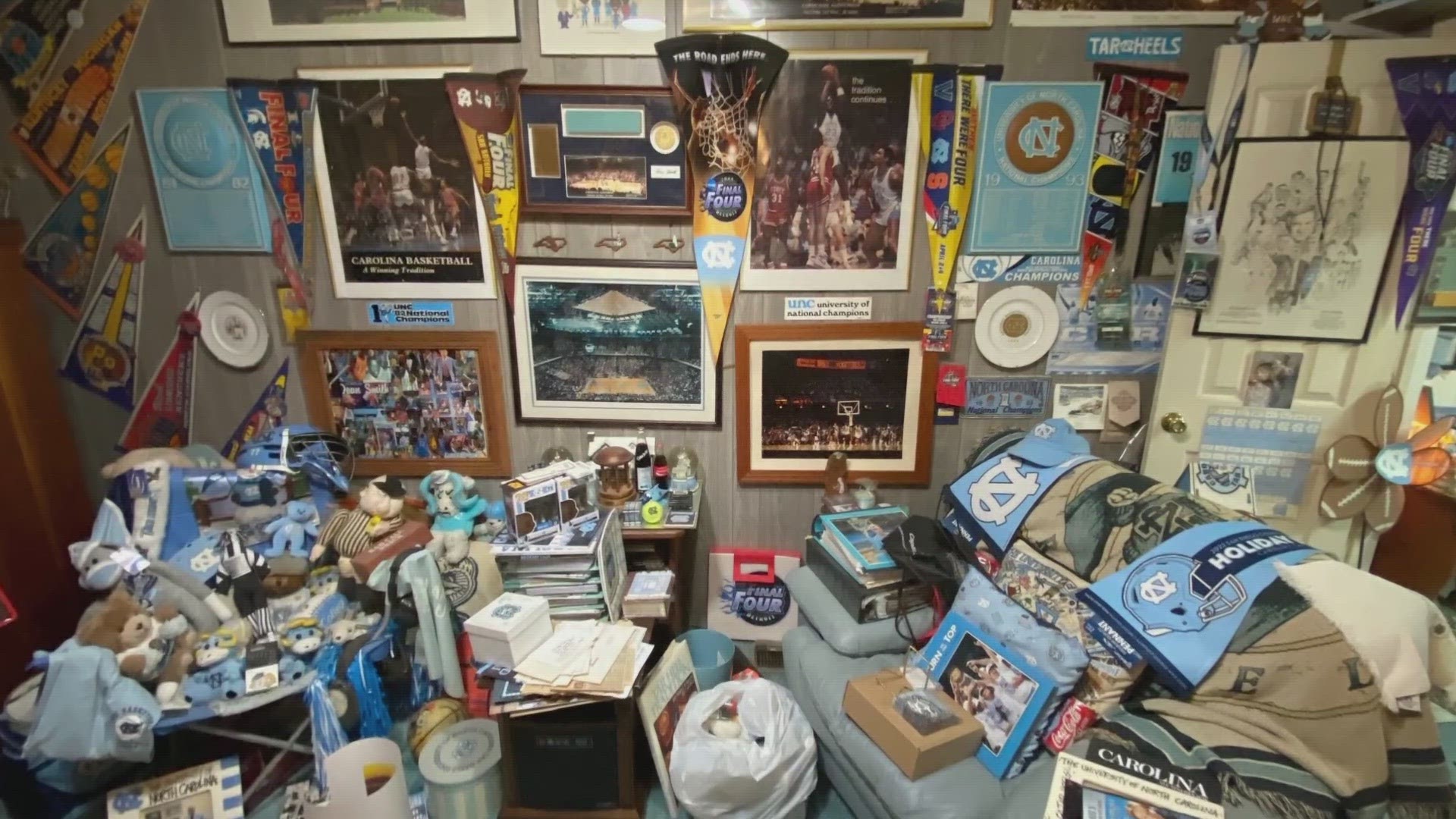 This fan's home filled with North Carolina Tar Heel memorabilia.