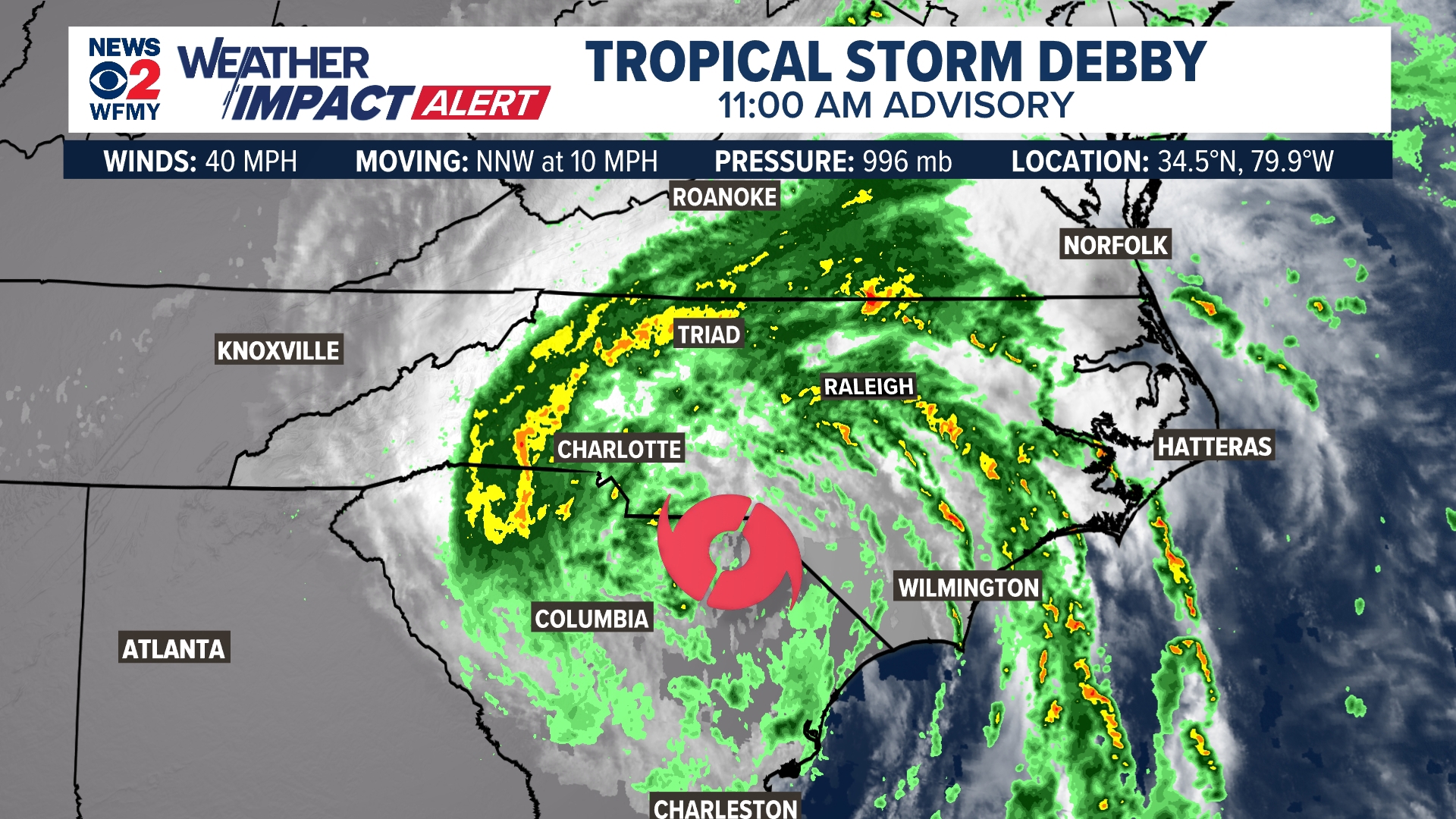 Here's the latest on Debby as the storm moves through the Carolinas.