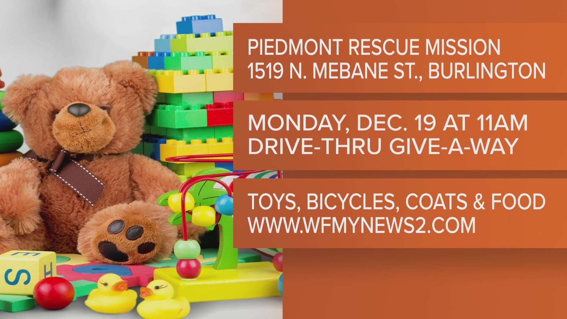 Piedmont Rescue Mission is spreading Christmas cheer to Triad children. The faith-based organization is giving away toys, bicycles, coats, and food, on Dec. 19.