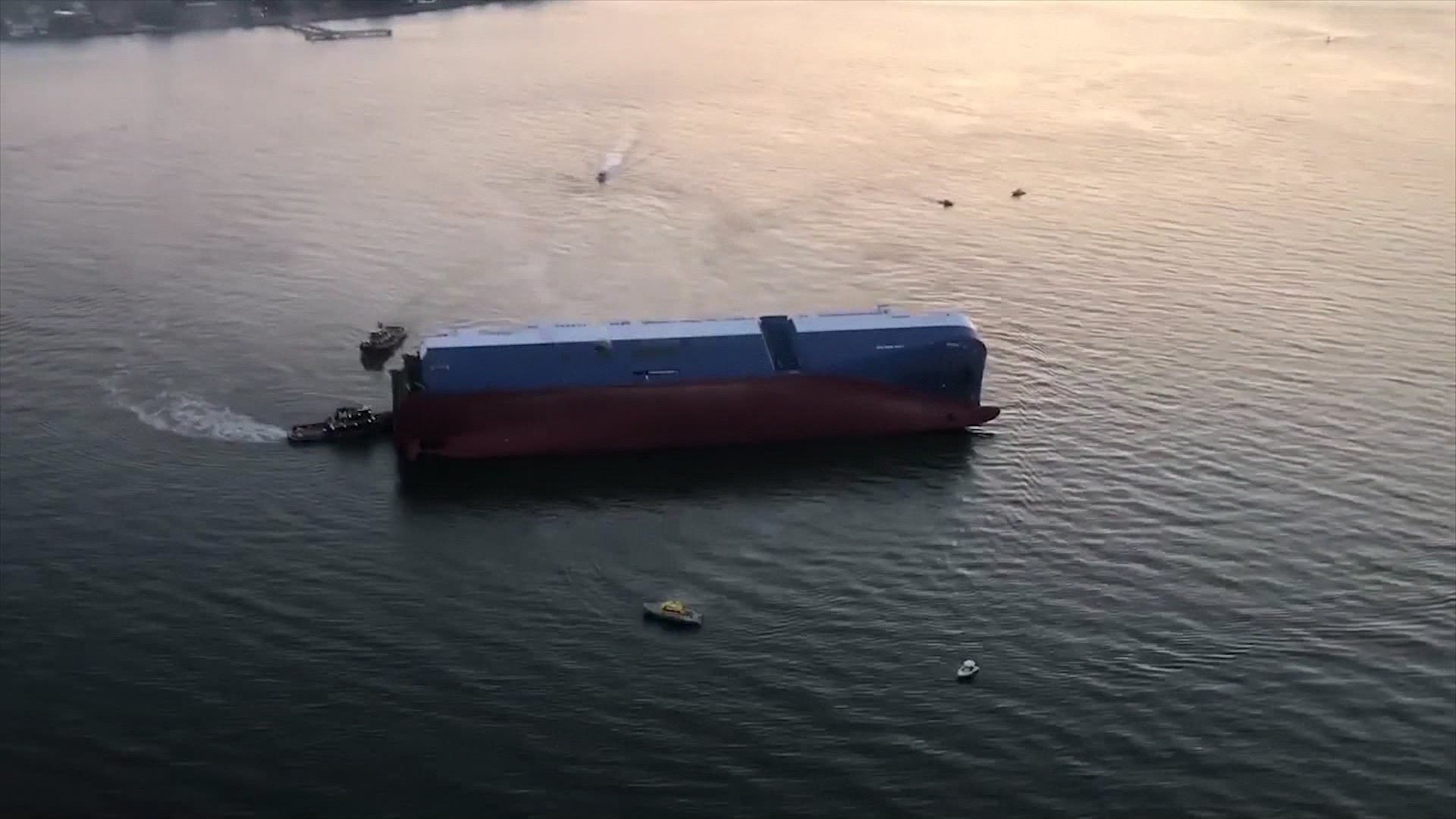 The cargo vessel, Golden Ray (656 feet long and 106 feet wide),  flipped on its side off St. Simons Island, Ga. at approximately 2 a.m. Sunday, according to the Georgia Ports Authority. The call initially came in as a ship that had capsize. 20 people have been safely removed. The vessel is listing heavily in the St. Simons Sound.