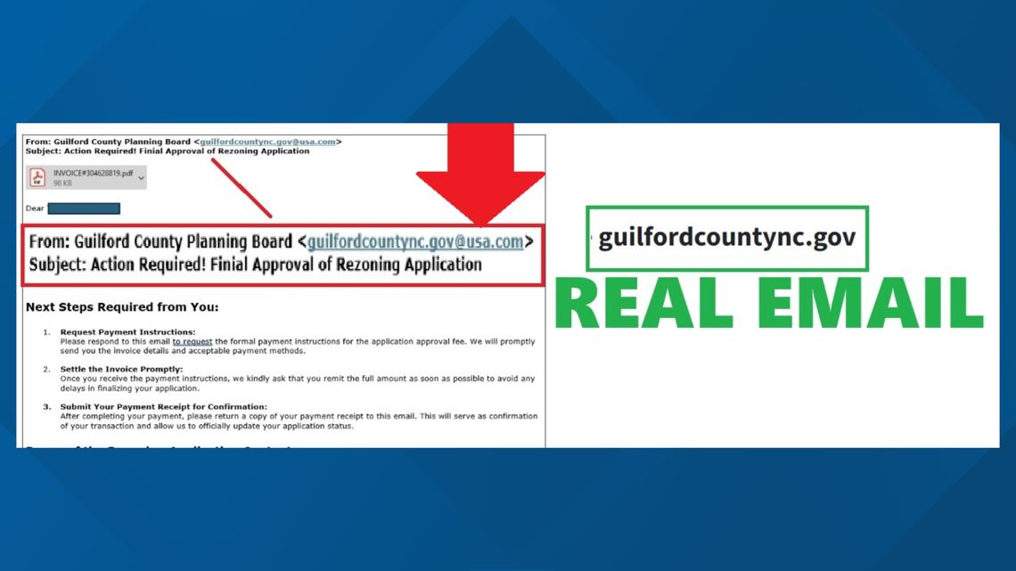 The email claims you have a property zoning request and includes an invoice for payment.