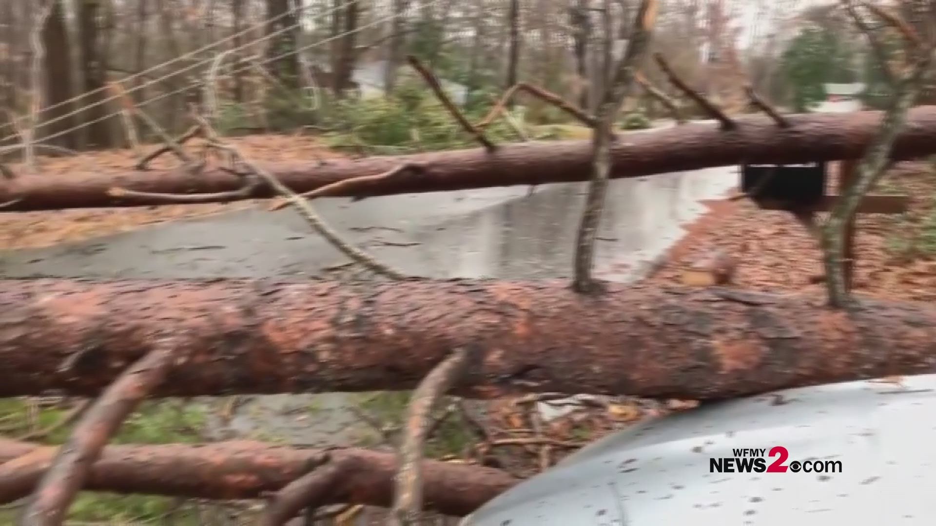 One family’s car and an entire neighborhood road blocked after several trees snap from the ice in Winston-Salem