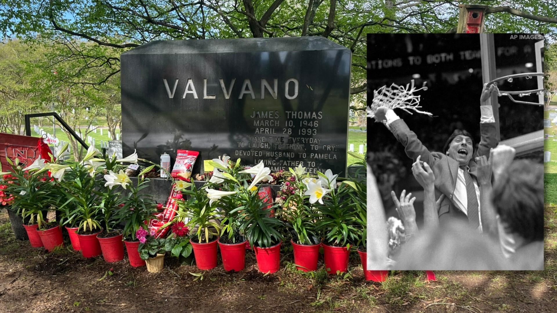 Sarah and Ben Riedlinger have taken their children to Jimmy V’s grave to pay their respects and get some good energy for NC State.