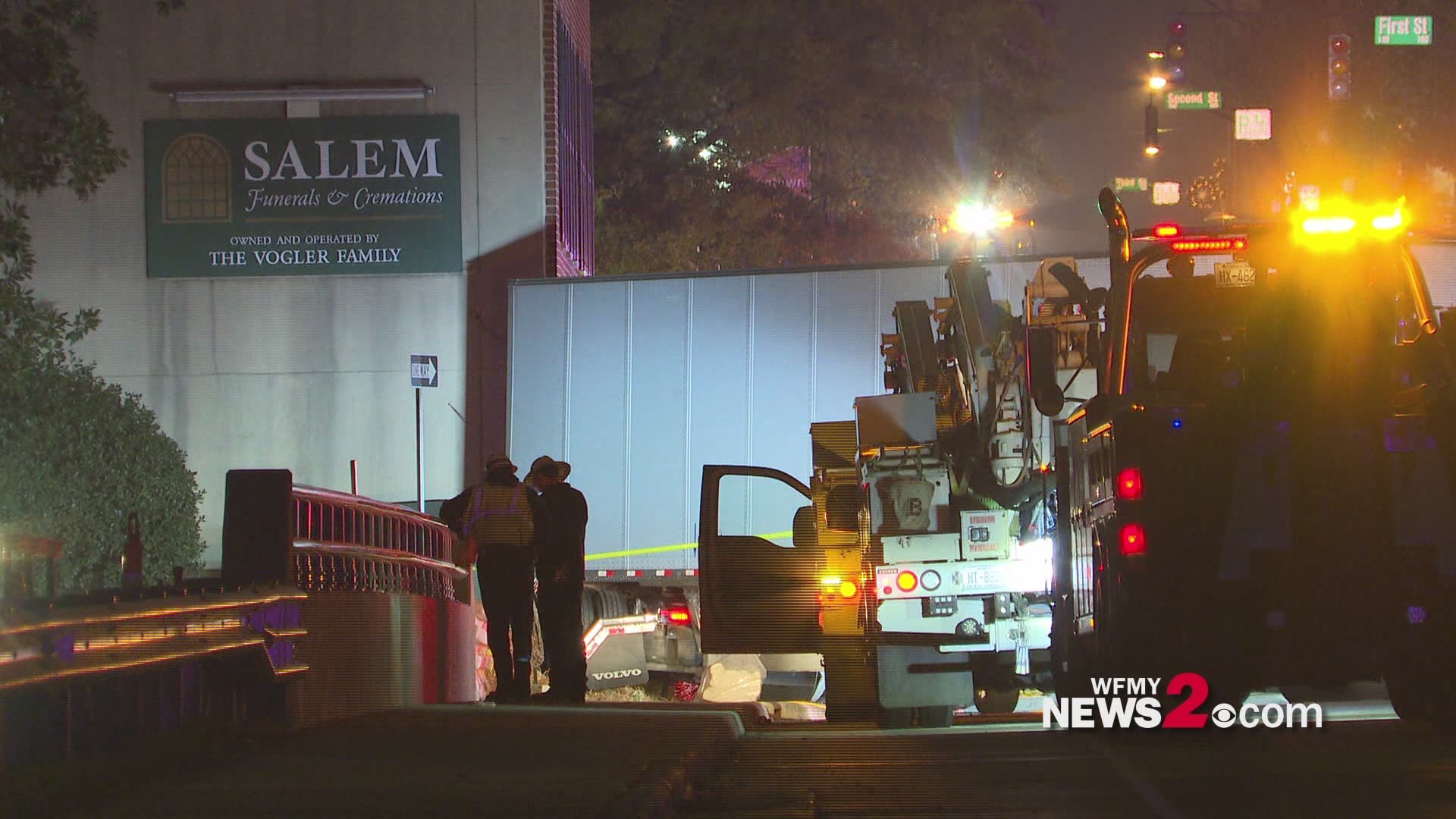 Winston-Salem Fire said the tractor-trailer hit a funeral home and a transformer on South Main Street.